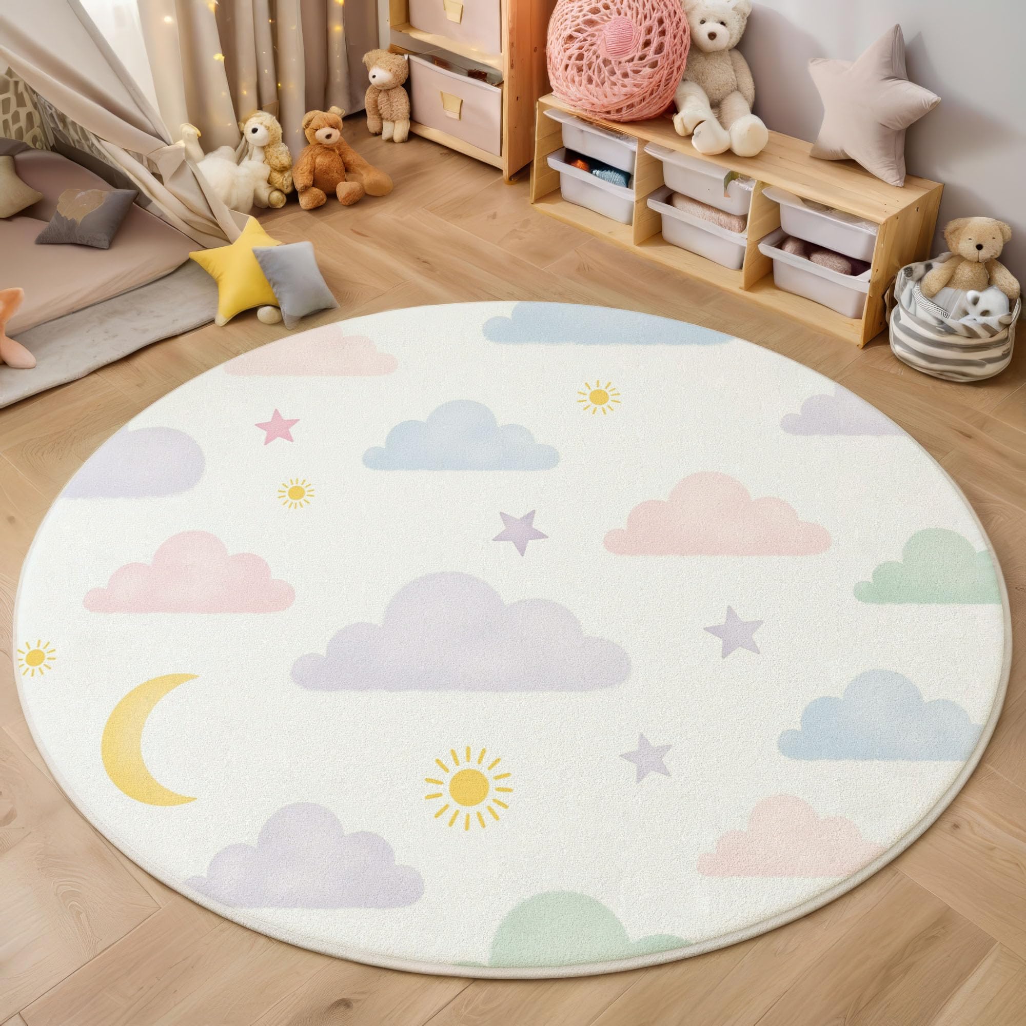 Tapis Poil Court Rond Thème De Bonne Nuit, Tapis Moelleux Imitation Cachemire Chambre Salon Nuages Et Lune Moquette Doux Lavable pour Salle à Manger Chambre D’Enfant (Blanc, 100cm)