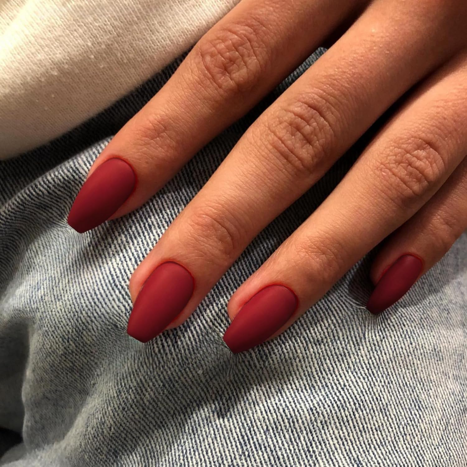 KQueenest Acrylic Press on Nails Short Medium Coffin, Matte Wine Red False Nails Short Ballerina - Image 3
