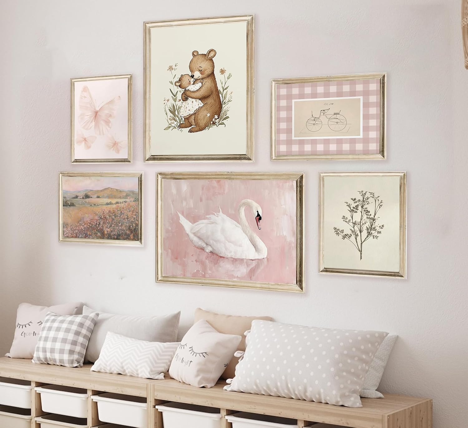 Vintage Nursery Wall Art Pink Baby Girl Room Decor Floral Bear Swan Canvas Prints Animals Plant Artwork Country Posters for Kids Room Bedroom 8x10x4 12x16x2 lnch Unframed pink 10L''x8W''poster