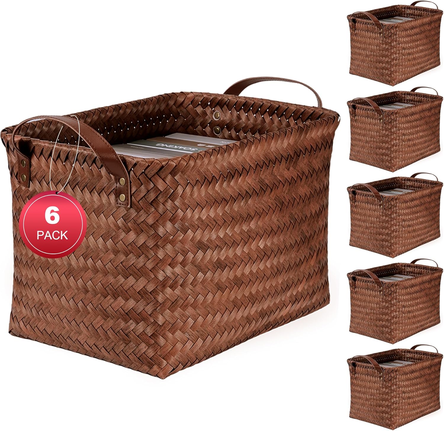 15L Laundry Baskets Waterproof Storage Baskets For Shelves Large Laundry Hamper With Leather Handle -set of 4 Cube Organizers Woven Bins for Bathroom,Bedroom,Pantry,Clothes,Car & Towels-Brown
