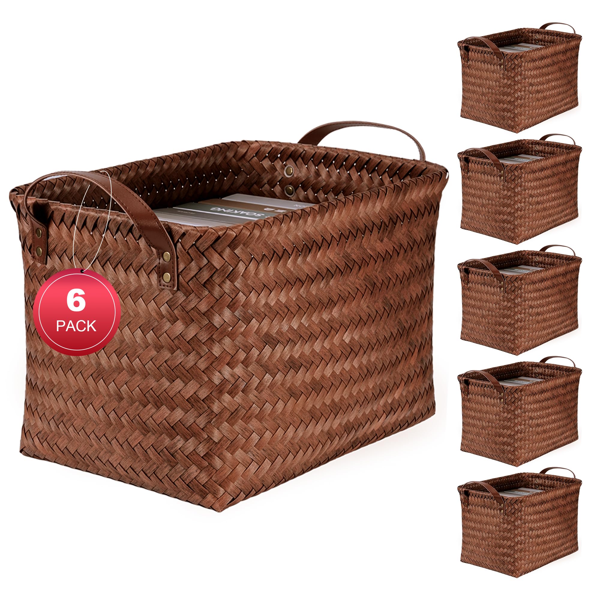 6-Pack Laundry Baskets,Wicker Storage Baskets for Shelves,Brown