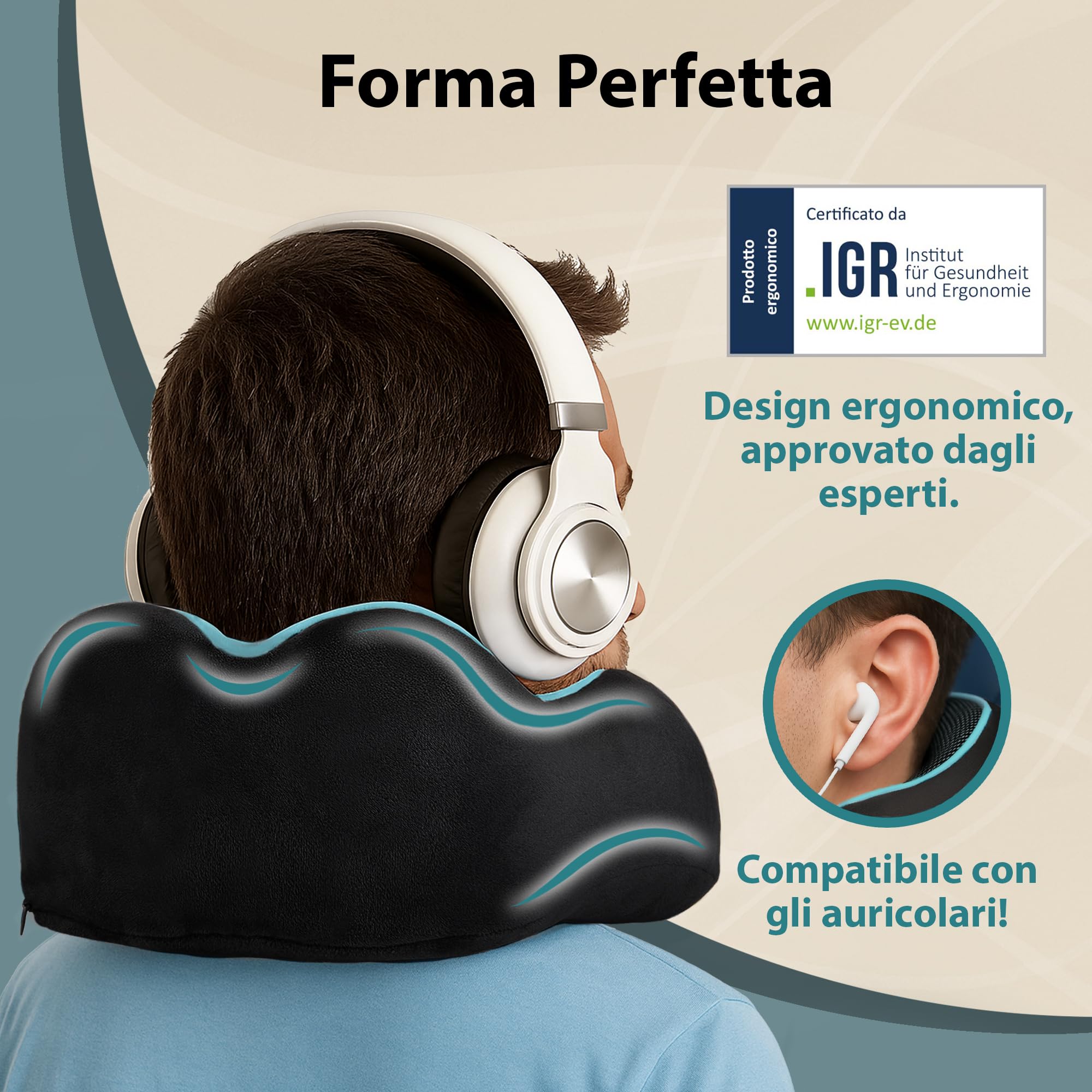 FLOWZOOM Comfy Cuscino da Viaggio per Aereo e Auto – Cuscino per il Collo Regolabile in Schiuma Memory con Supporto a 360°, Fodera Vellutata Lavabile e Sacchetto in Rete per il Trasporto – Nero
