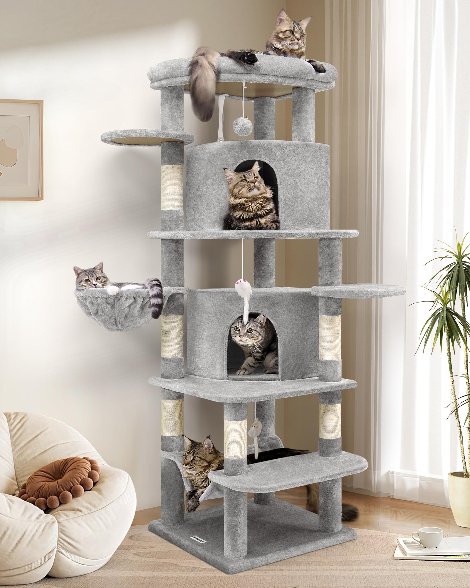 C66 Corner Cat Tree for Large Cats, 66inch Tall Curved Series Large Cat  Tower for Multiple Indoor Cats with Scratching Posts, Spacious Cat  Condos