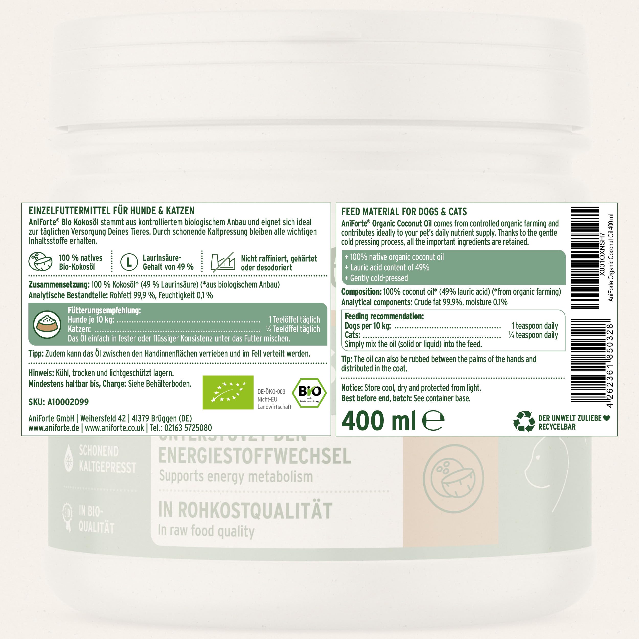 AniForte Aceite de coco orgánico para perros y gatos 400 ml