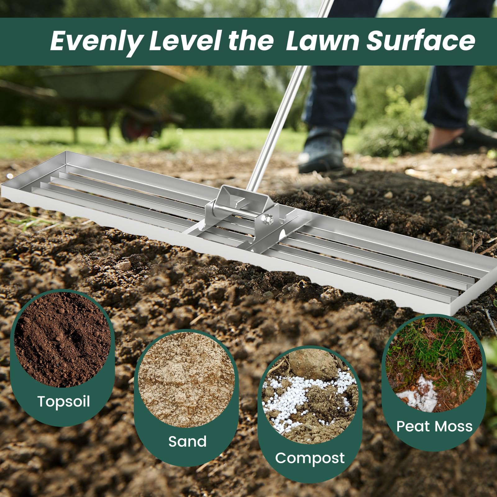 Rastrillo nivelador de césped, 30/36/42/46" x 10" con Mango ergonómico de 77", Herramienta Resistente para jardinería, Campo de Golf y Granja (117 x 25 cm, Plateado)