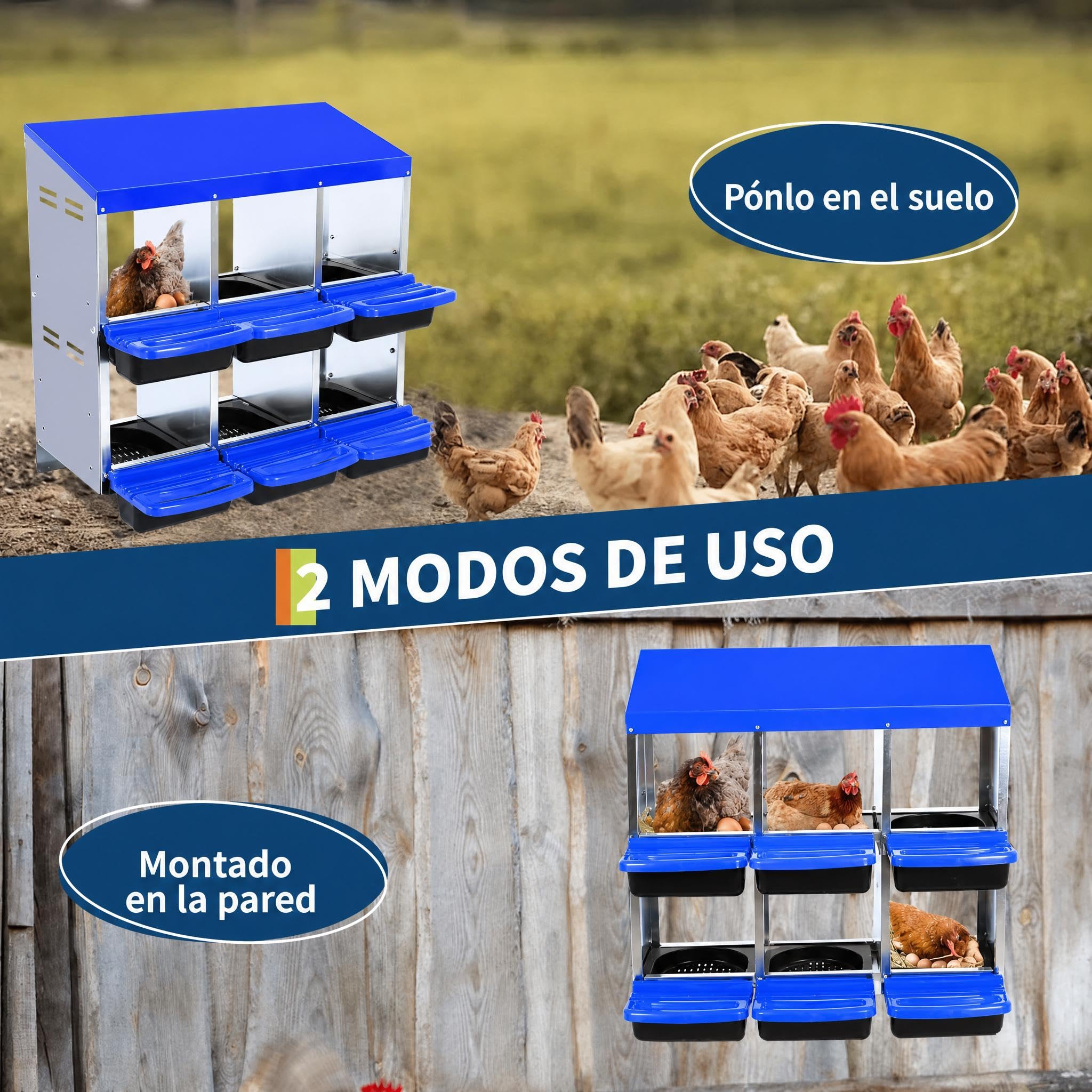 Garvee Caja De Anidación para Gallinas 6 Compartimentos Acero Galvanizado Antióxido Tapa Extraíble