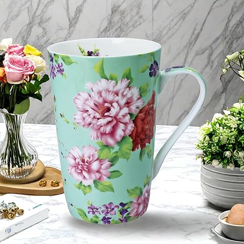 Miniatura 6 de Tazas de café lindas de 13 onzas para mujer, tazas de café con diseño floral de porcelana de hueso, tazas de té para mamá, mujeres, regalos de