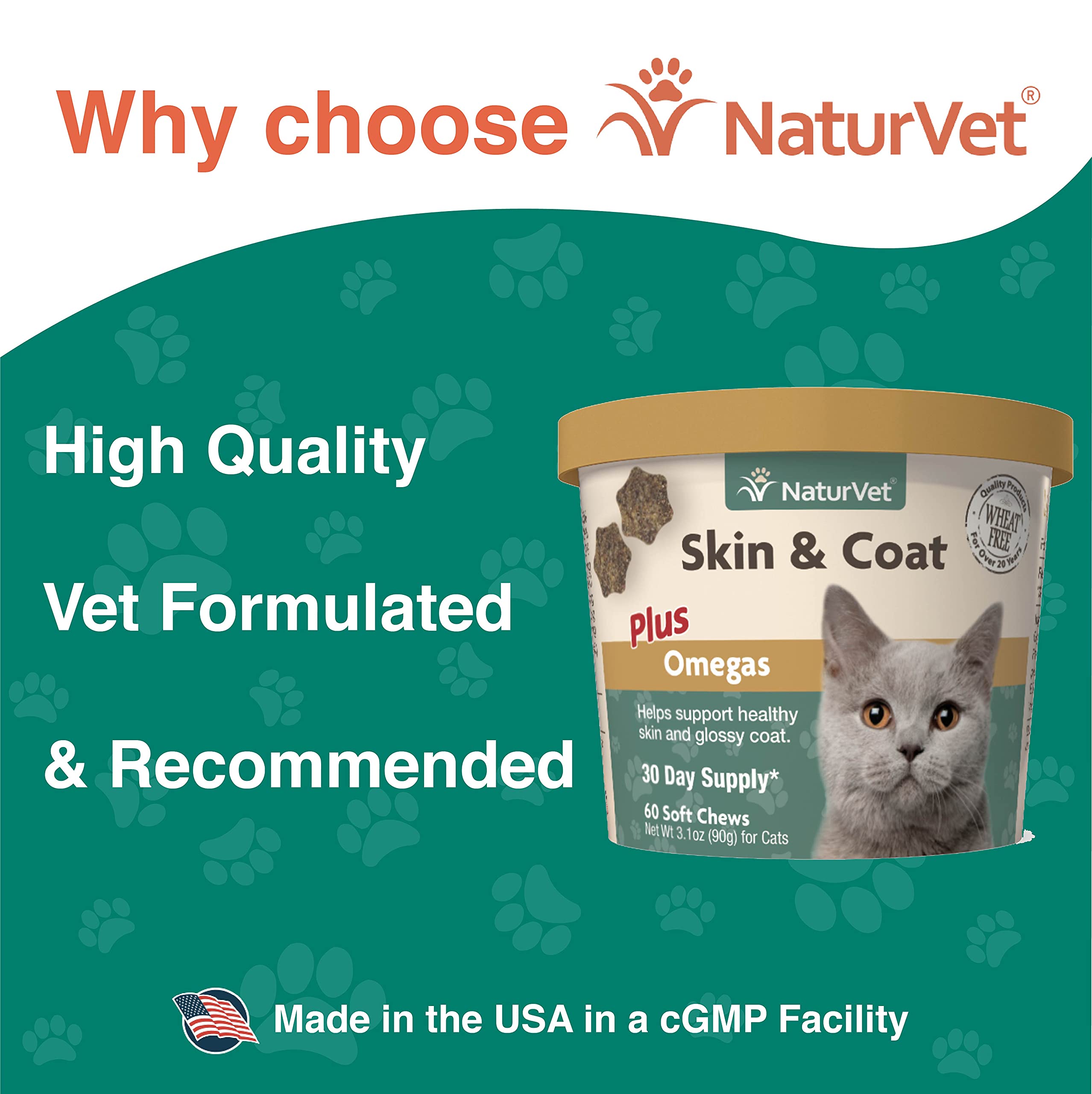 NaturVet Skin & Coat Plus Omegas For Cats 60 Soft Chews Supports