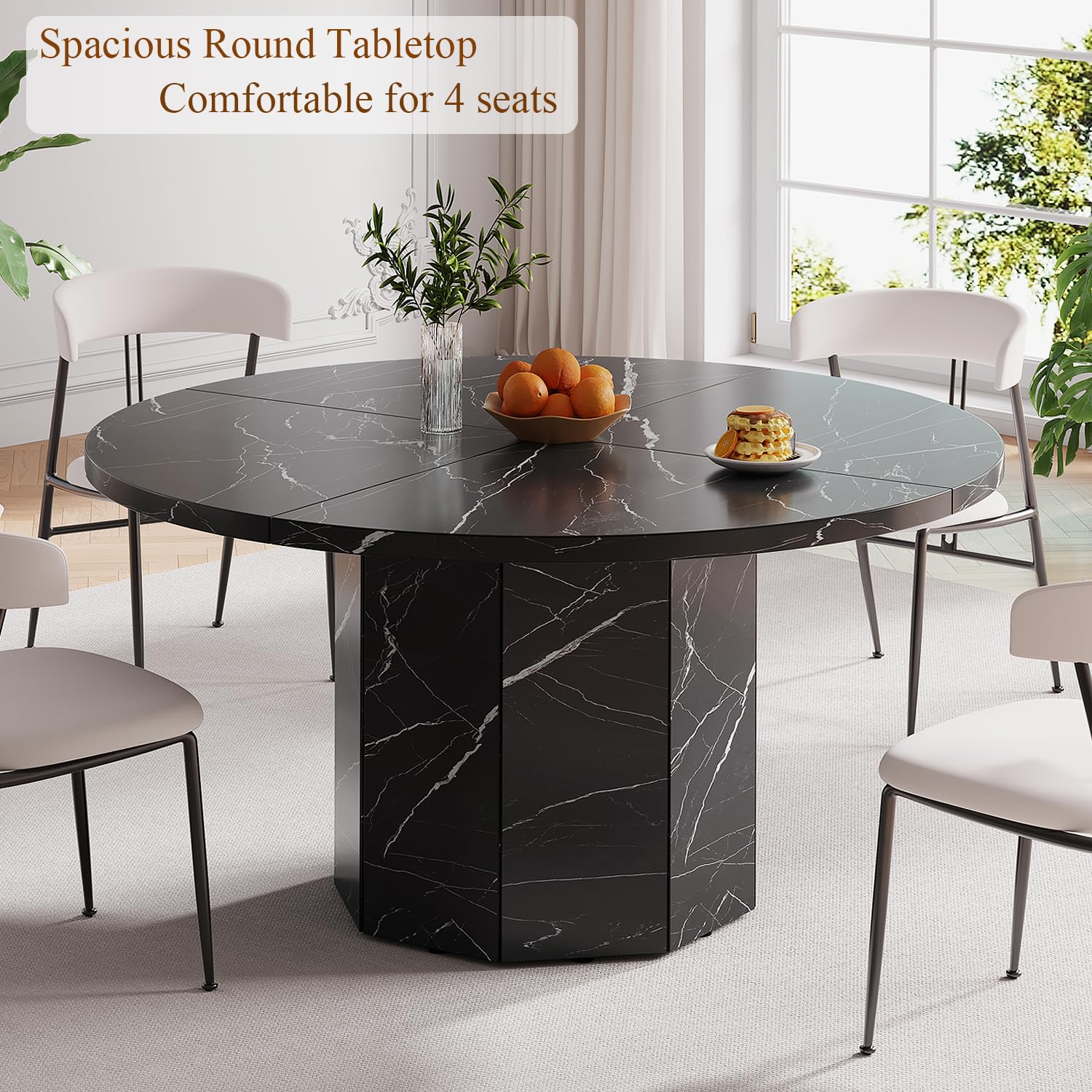 HSH Table Ronde 120cm Aspect Marbre 4 À 6 Personnes Salle À Manger Noir