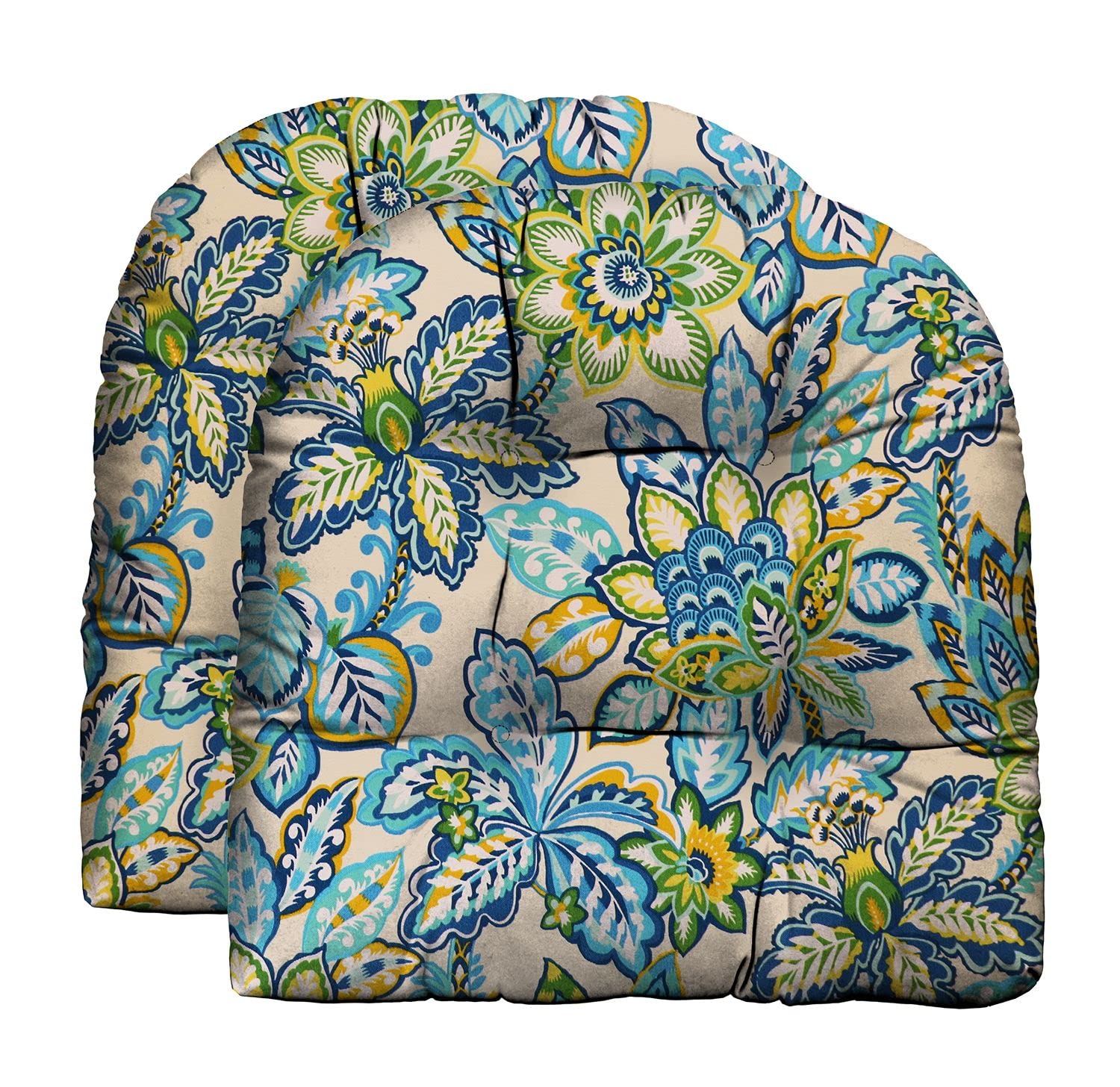RSH DECOR: Tufted U-Shape Wicker Seat Cushions Set of 2 | 22” x 22” | Water-Resistant Spun Fabric | Outdoor Chair Cushions for Patio Furniture | Copeland Caribe Blue Floral