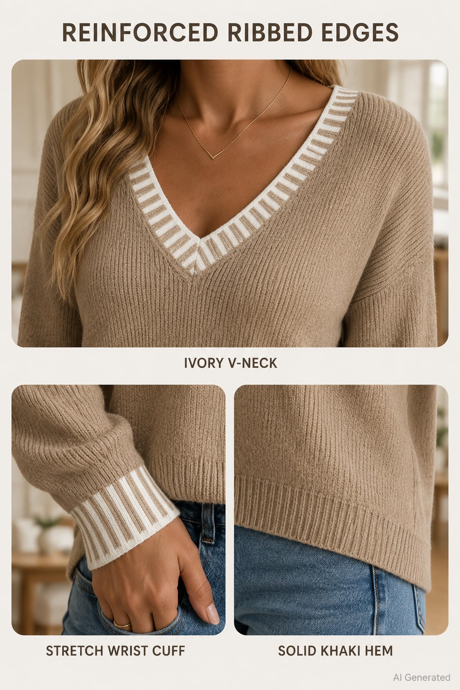 Damenpullover mit V-Ausschnitt, langärmelig, entspanntes Strickoberteil für