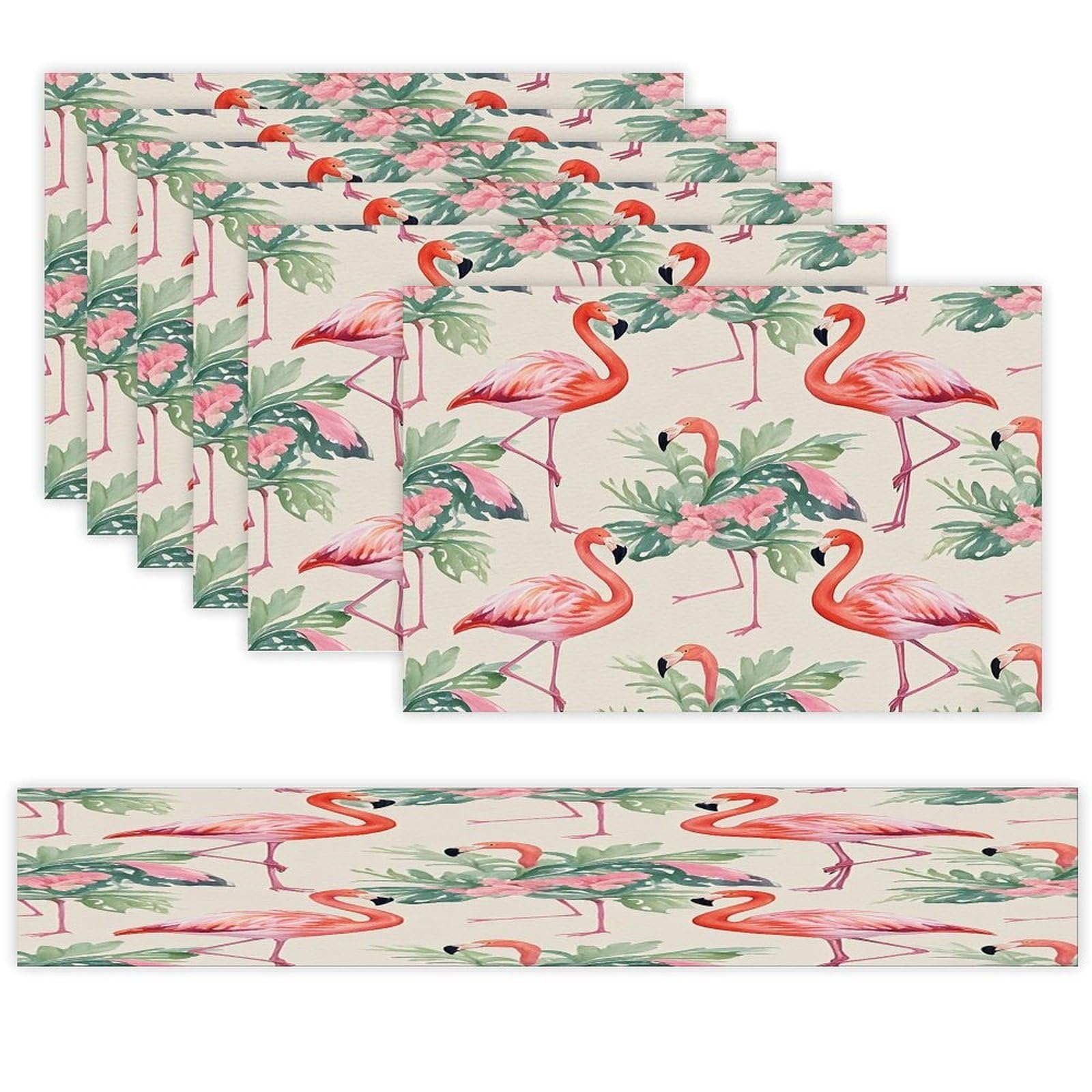 Watercolor Flamingo Table Runner and Placemats Set of 6 Heat Resistant Table Runner Place Mats Modern Cloth Table Mat Washable Linen Placemat Festive Reusable Set