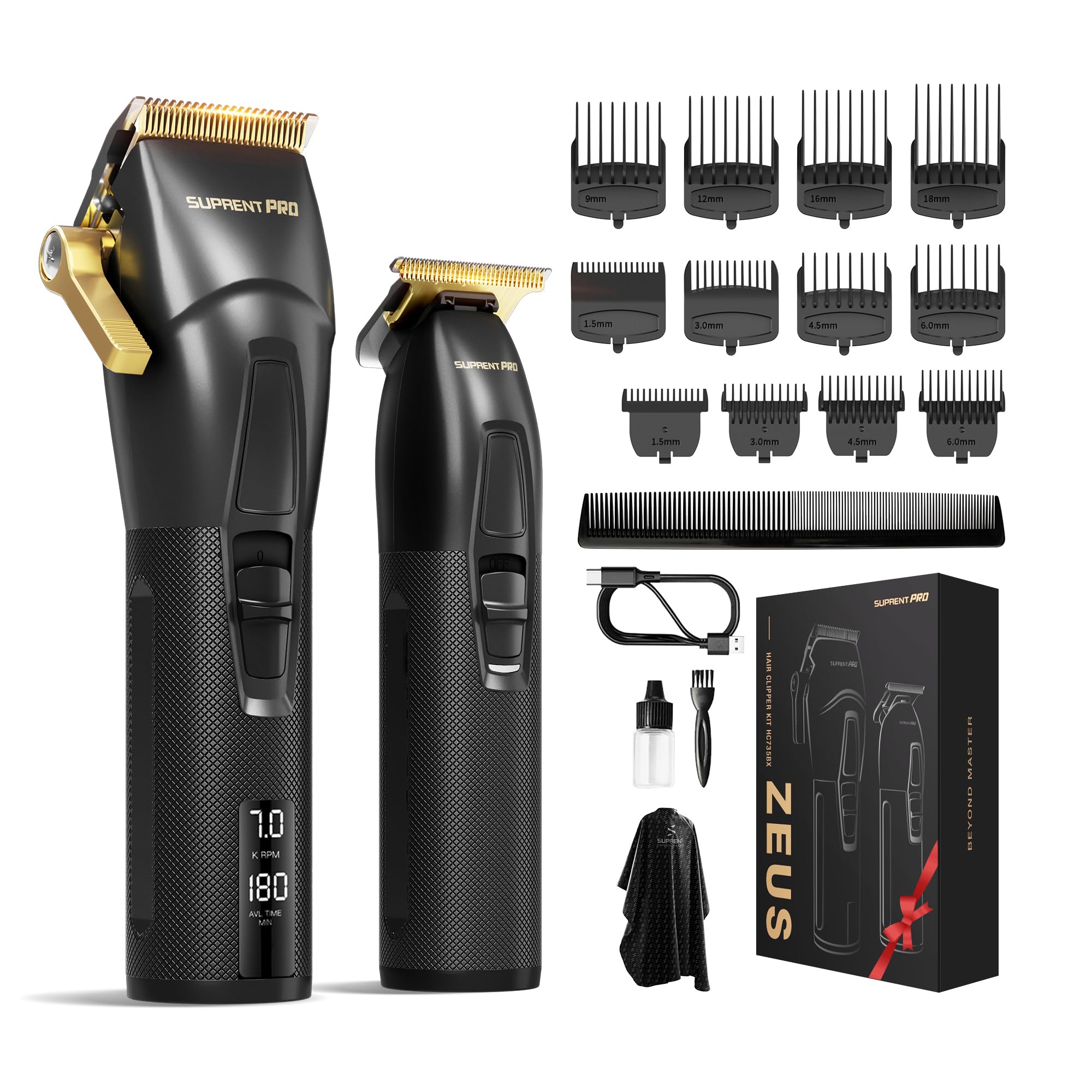SUPRENT® Professional Hair Clippers for Men - Rechargeable USB-C Barber Hair Clipper and T-Blade Clipper with 5V-Boost Technology, Cordless Clippers, LED Display (Black)