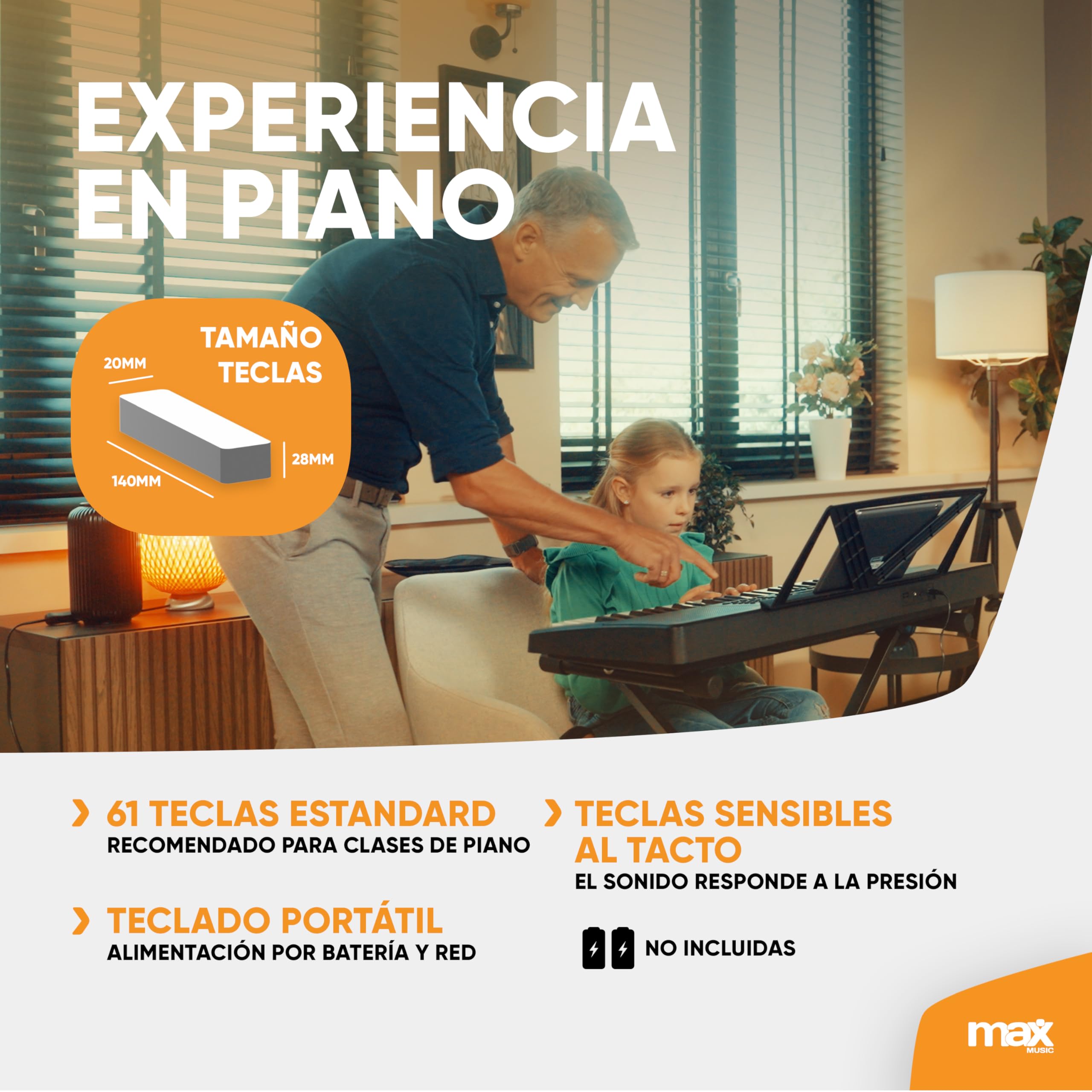 MAX Rhapsody61M Piano digital Midi, 61 teclas, teclado de piano eléctrico sensibles al tacto, 600 sonidos, USB, MP3, pantalla, modos de aprendizaje, entrada auxiliar, incluye auriculares y soporte
