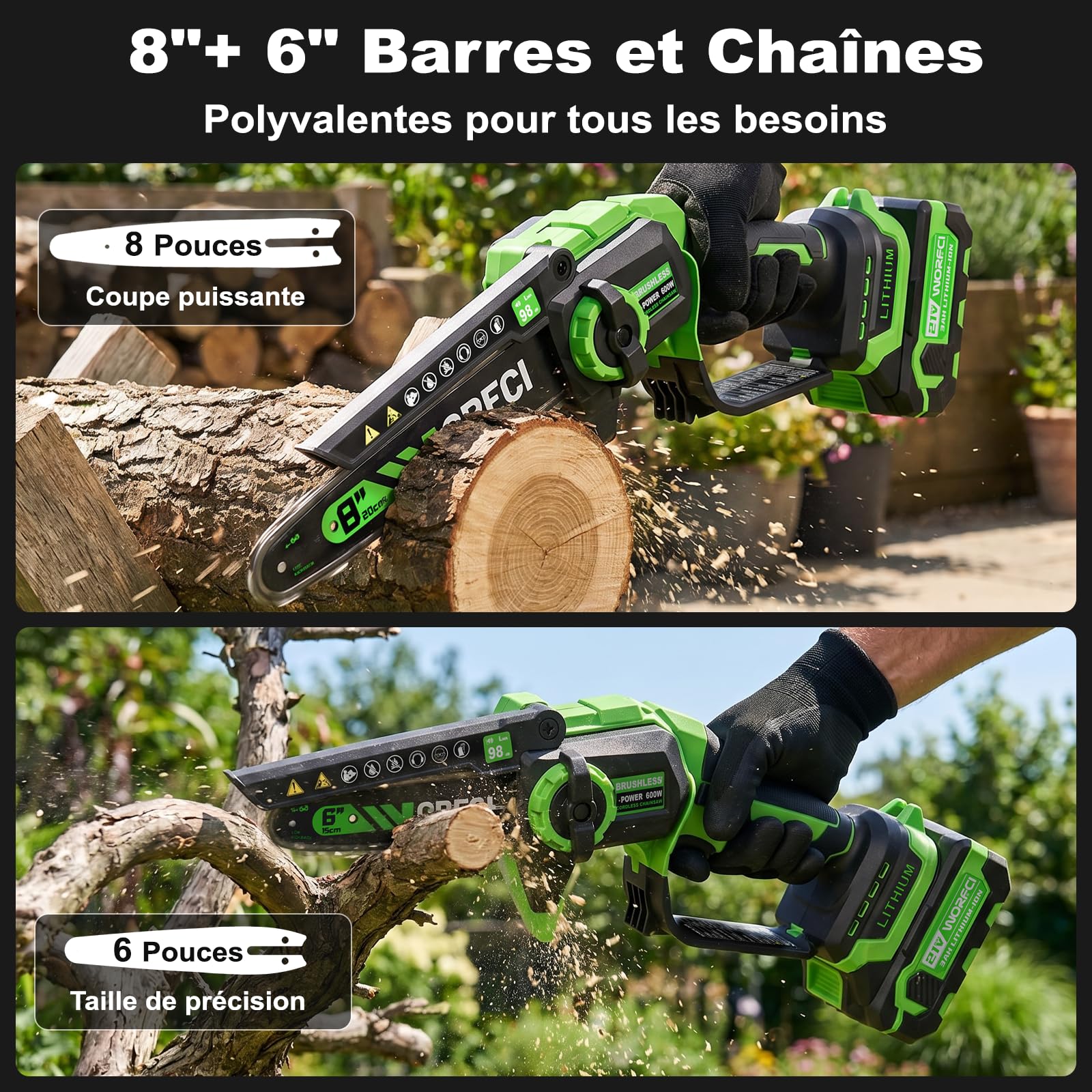 8 Pouces Mini Tronçonneuse Sans Balai Sans Fil, 2×3000mAh Batteries, Lubrification Automatique, Outil Jardinage Idéal pour Élagage Bois et Arbres