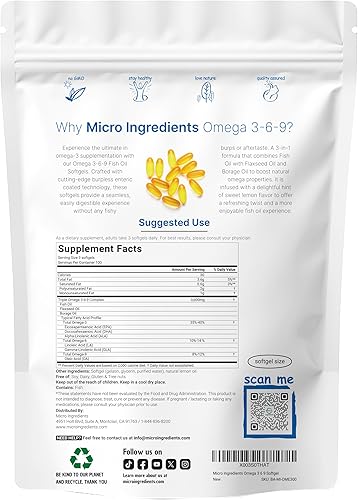Miniatura 2 de Ultra Omega 3-6-9 3600 mg por porción, 300 cápsulas blandas sin eructos | Sabor a limón - Mezcla de pescado, linaza, aceites de borraja | Fuente