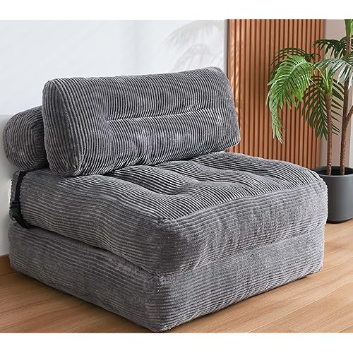 Kisoy Folding Sofa Bed, Convertible Sleeper Chair Couch Bed Faux Rabbit Fur for Adults, with Back Support Floor Couch Comfy Floor Sofa for Living Room Bedroom, Dark Grey, Single