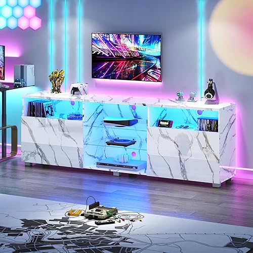 Miniatura 9 de St.Mandyu Soporte de TV LED para TV de 50/55/60 pulgadas, Mesa de Televisión Moderna Centro de Medios con Cajón y Luces LED, Centro de Negro