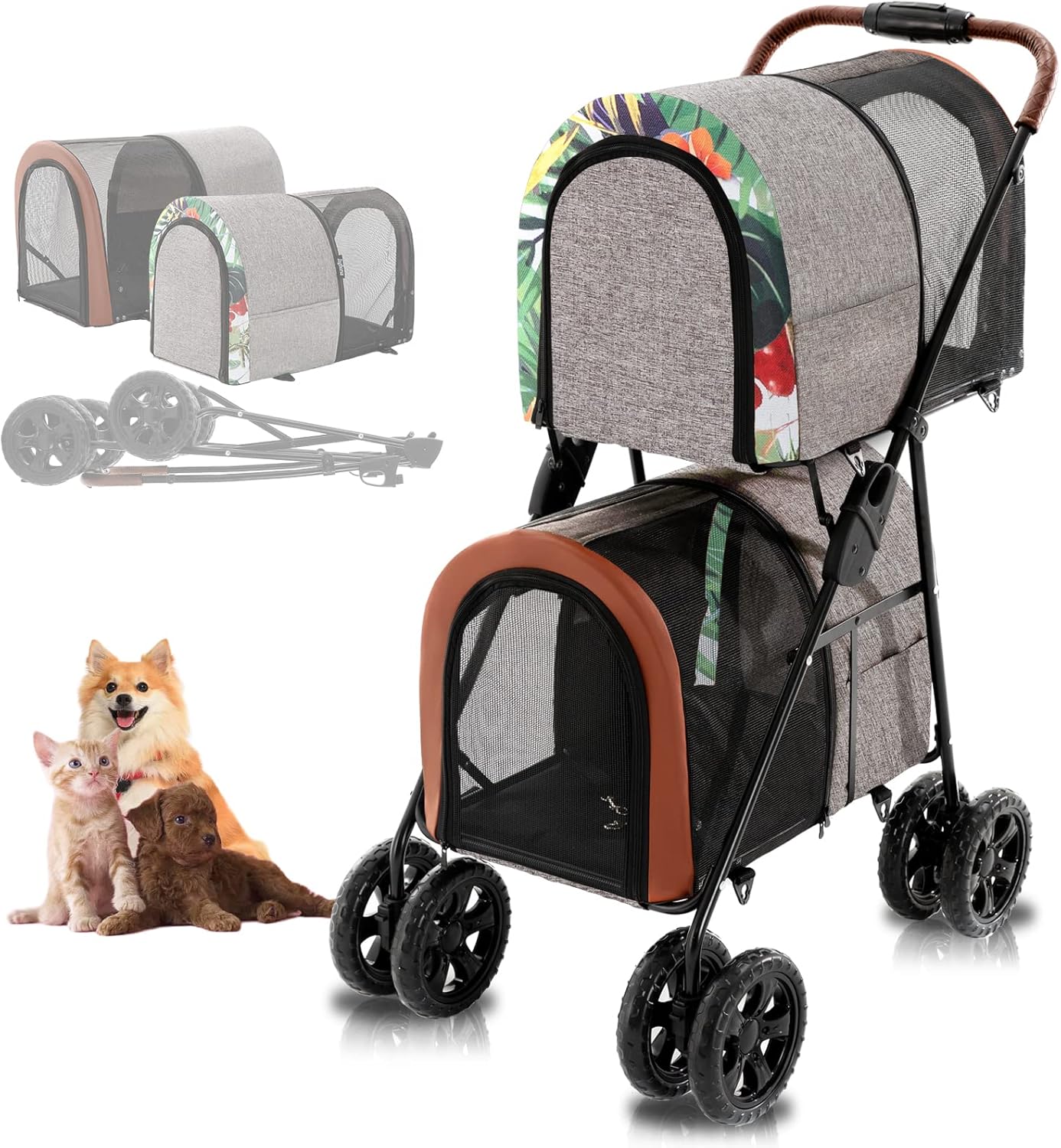 Ingborsa Pet Stroller, Double Pet Stroller with 2 Detachable Carrier