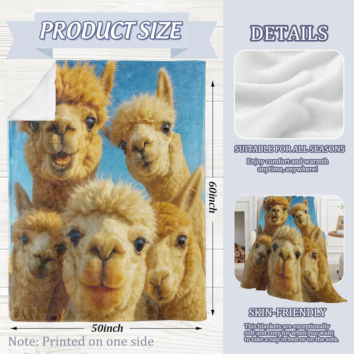 Funny Cute Llama Blanket, Cheerful Animal 60 x 50 Inch Flannel Throw Blanket, Gifts for Women Kids, Lightweight Cozy Warm Blankets for Sofa Travel Home Decor - Image 3