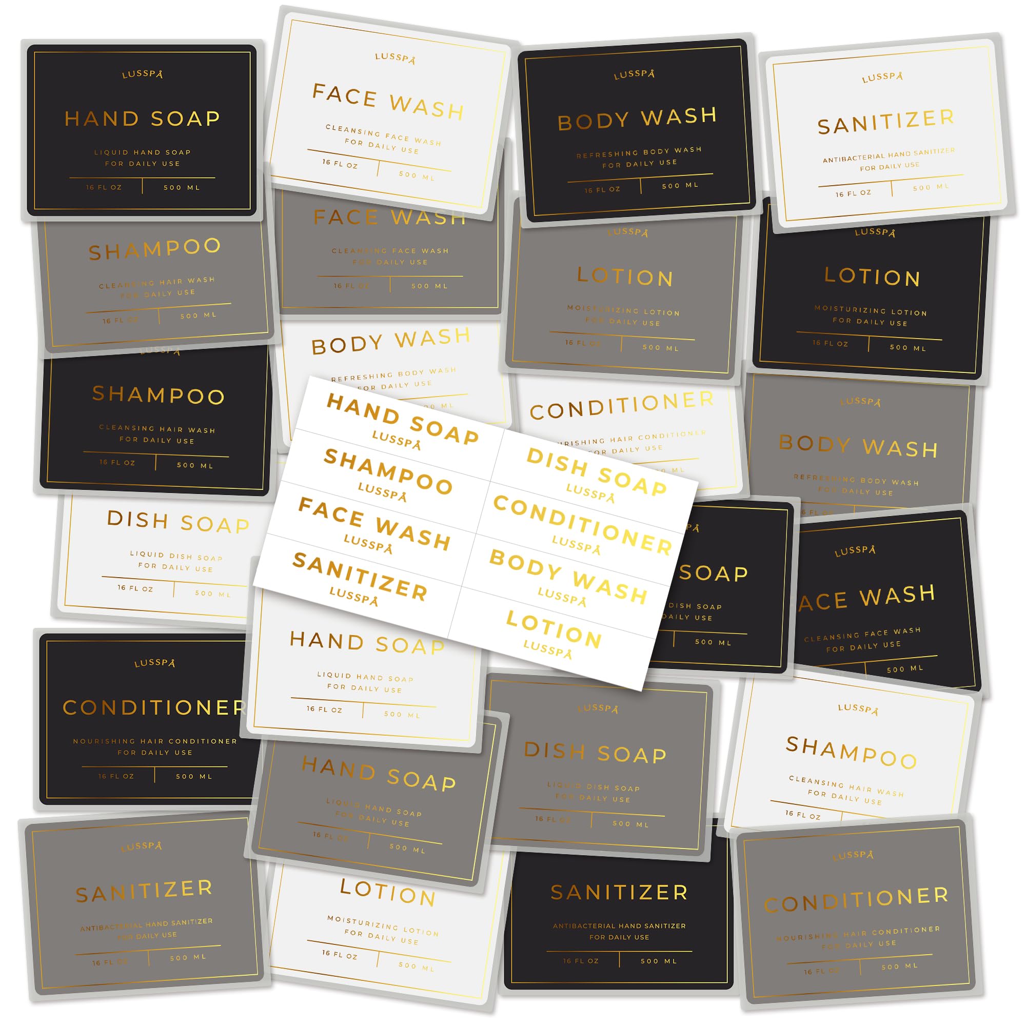 24 Waterproof Soap Dispenser Labels, Peel & Stick Plastic Decals for Amber Glass and Plastic Bottles, Kitchen, Bathroom & Shower Organiser Set, 8 x 6 cm (Gold Lettering)