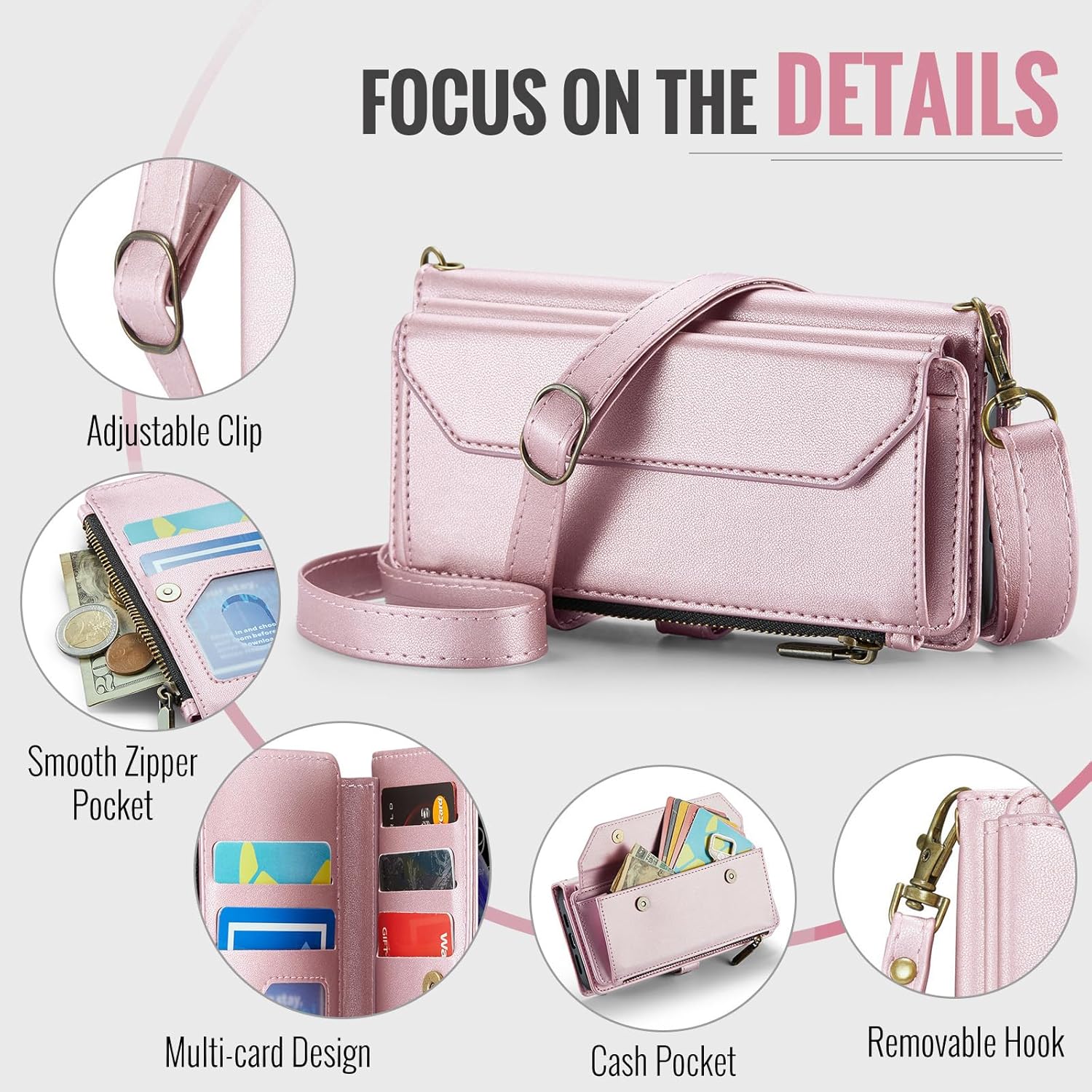 Phone Case for iPhone Xs X 10 10s Zipper Wallet Cover with Tempered Glass Screen Protector and Flip RFID Blocking Card Holder Cell iPhoneX iPhoneXs iPhone10 i PhoneX SX 10x 10xs X’s Women Rose Gold