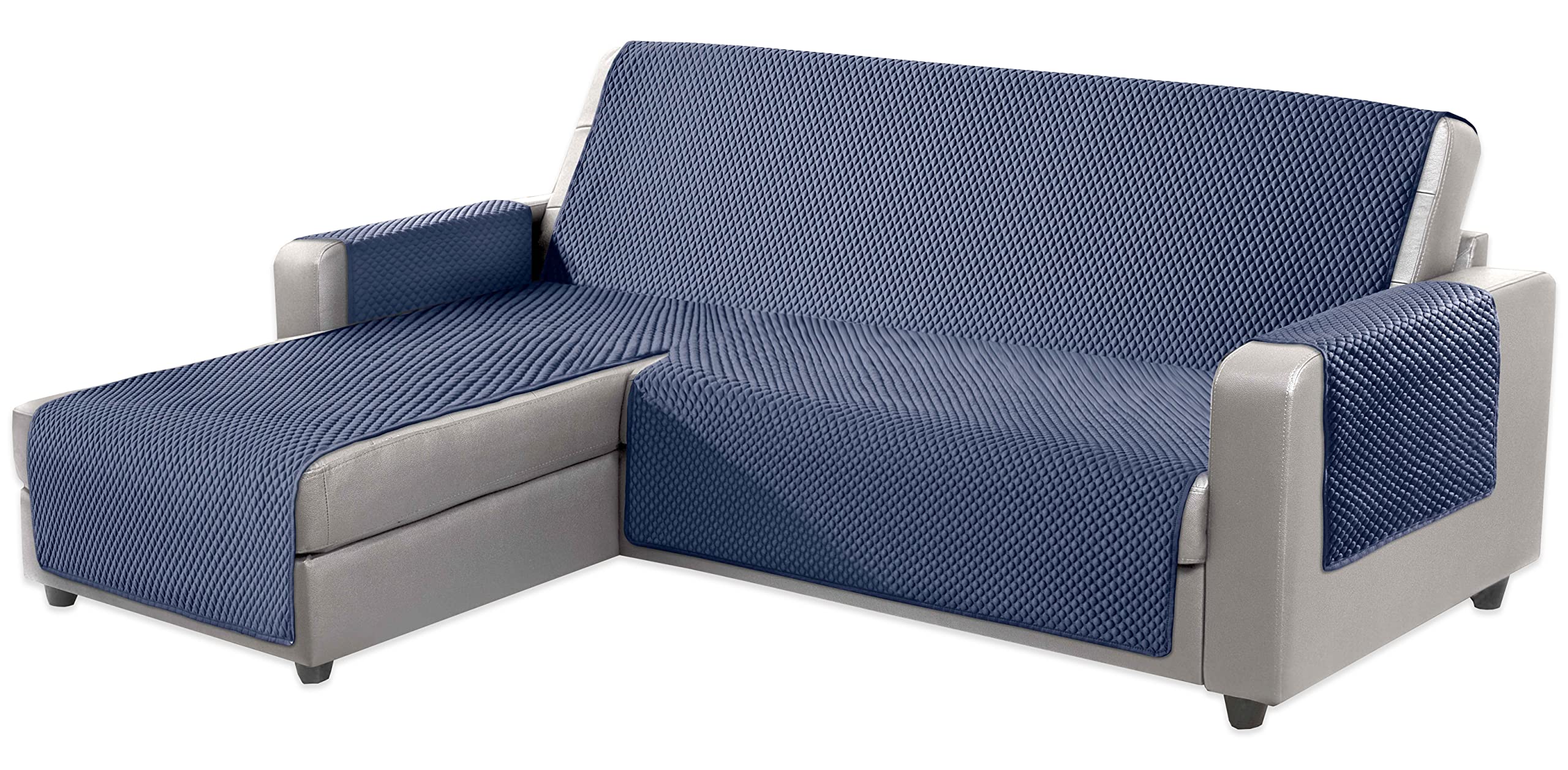 Tata Home Copridivano con penisola Destra Chaise Longue Cover Sofa Salvadivano Trapuntato Tinta Unita 3 Posti Seduta 240 cm Colore Blu Sphere