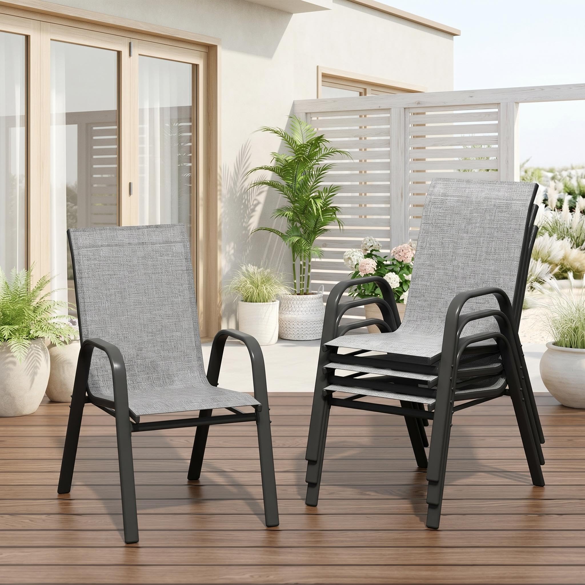 Litake Set 4 Sillas Apilables de Jardín Exterior, Sillas de Metal y Textileno con Respaldo Alto y Reposabrazos, Preensambladas, Estructura Anticorrosión, para Terraza Patio Balcón, Gris