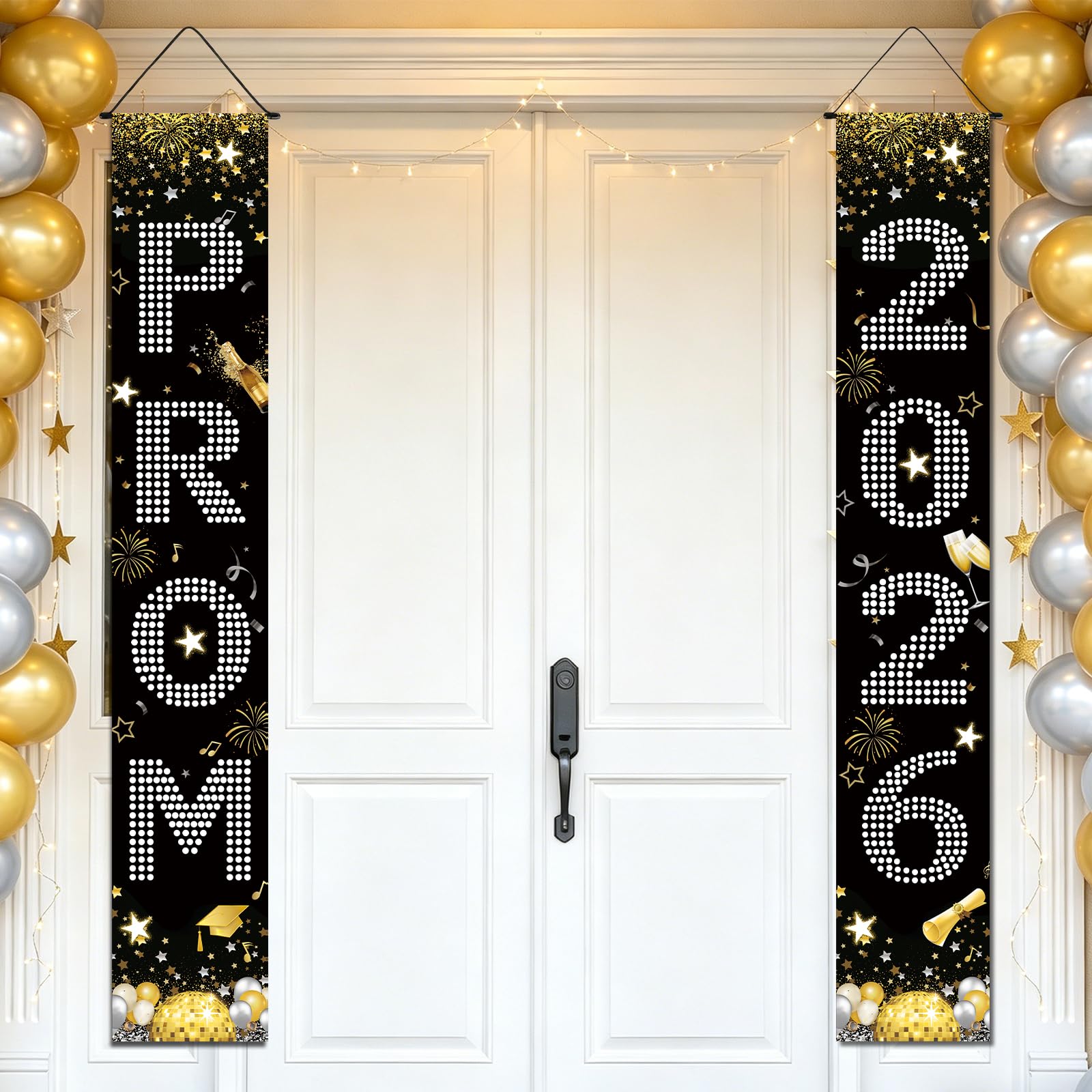 DOORIO Prom 2026 Door Banner Black Silver Prom Door Decoration Prom Night Porch Sign Class of 2026 Graduation Party Supplies, 70 * 11inch
