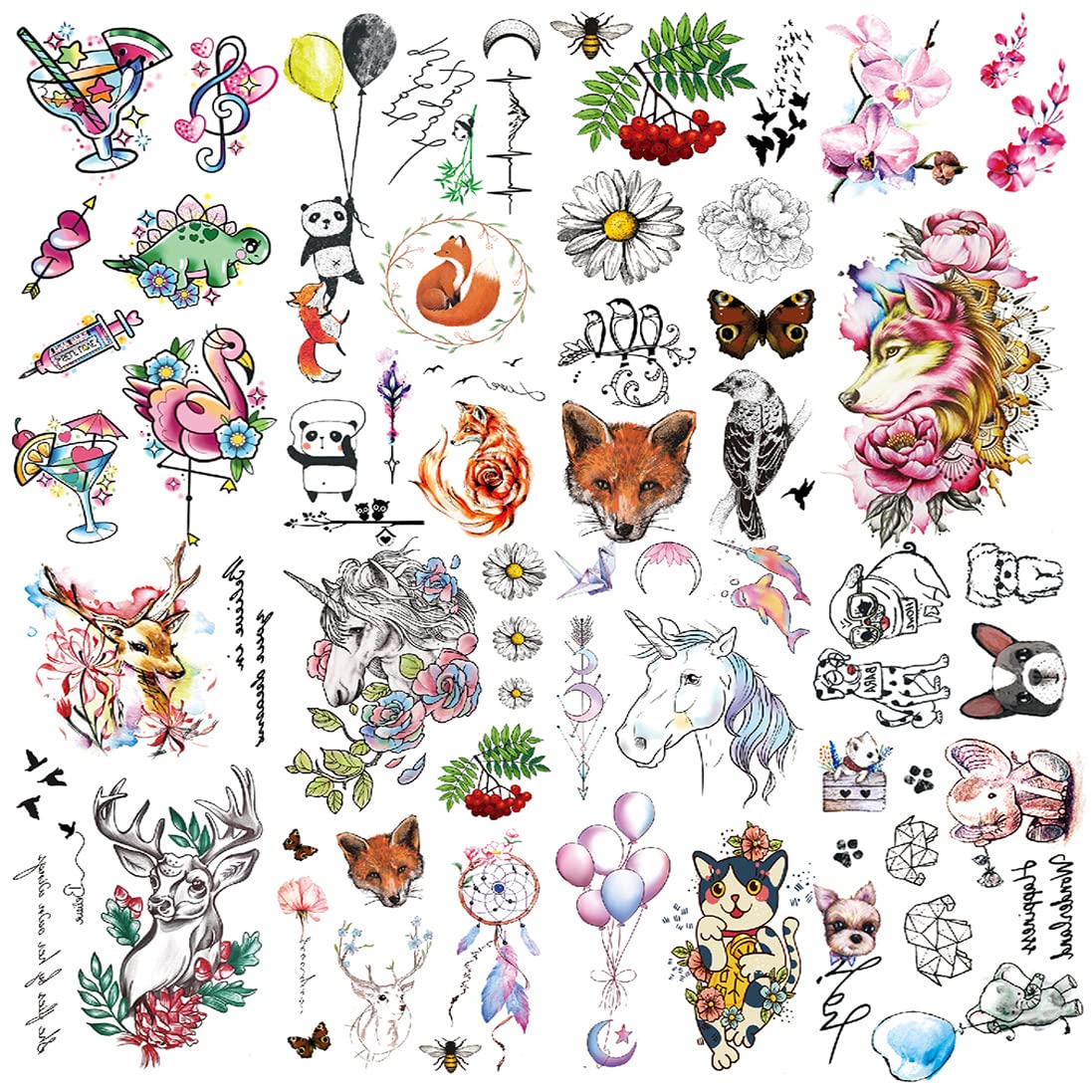 Amazon.com : Oottati 8 Sheets Hand Temporary Tattoos - 40+ Mix Zoo Animals  Panda Flamingo Unicorn Fox Cat Wolf Butterfly Deer Bird Dog Elephant and  Flower Ballon Dreamcatcher for Women : Beauty & Personal Care
