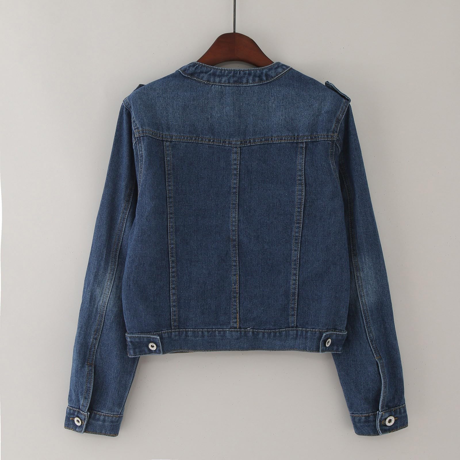Veste en jean vintage à col rond pour femme - Coupe ajustée - Léger - Manches longues - Patchwork - Avec poche - Style classique rétro - Bleu