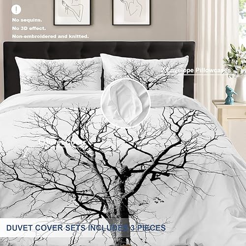 Miniatura 3 de Batmerry White Art - Juego de edredón de 3 piezas con diseño de árbol de invierno, diseño de naturaleza negra suave, 100% algodón, para todas las