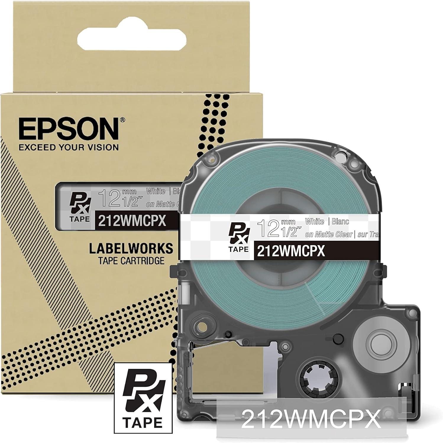 Epson LABELWORKS 212WMCPX Genuine PET (Polyester) Tape Cartridge - White on Matte Clear Designer Craft Label Maker Tape - 1/2" (12MM) Wide, 26'