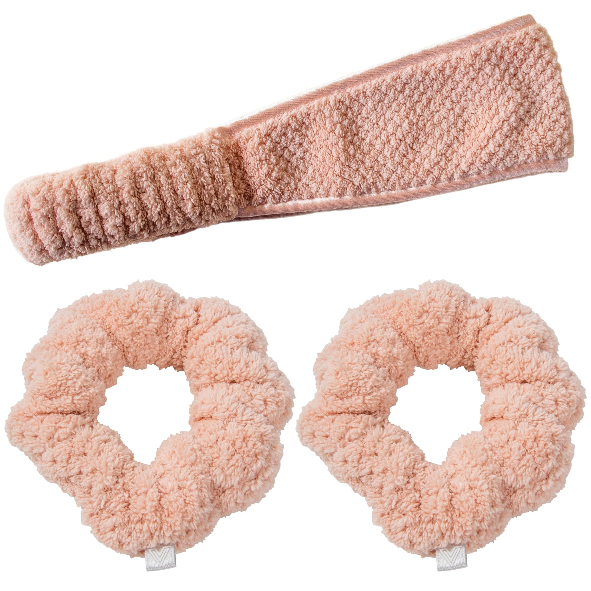 VOLO Cloud Pink Spa Headband & Wristbands for Washing Face | Makeup Headband Holds Hair Back & Wrist Band Scrunchies Stops Face Wash & Water from