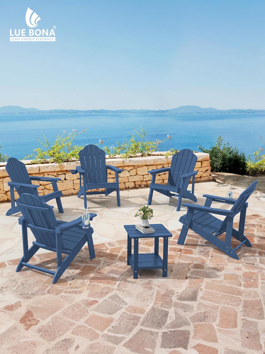 LUE BONA Adirondack Chairs Set of 2 - Weather Resistant Seating with Cup Holder for Porch, Poolside, Deck & Lake House, Blue