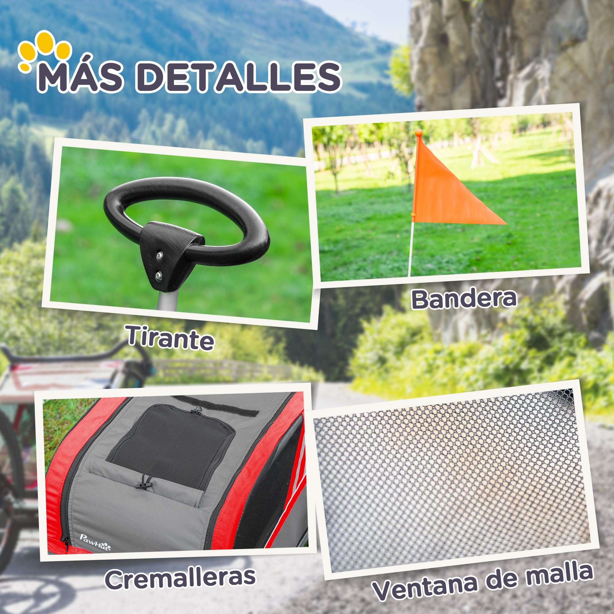 PawHut Remolque de Bicicleta para Perros 2 en 1 Carrito para Mascotas con Enganche Cubierta Enrollable Cinturón de Seguridad Bandera y Reflectores 130x64x97 cm