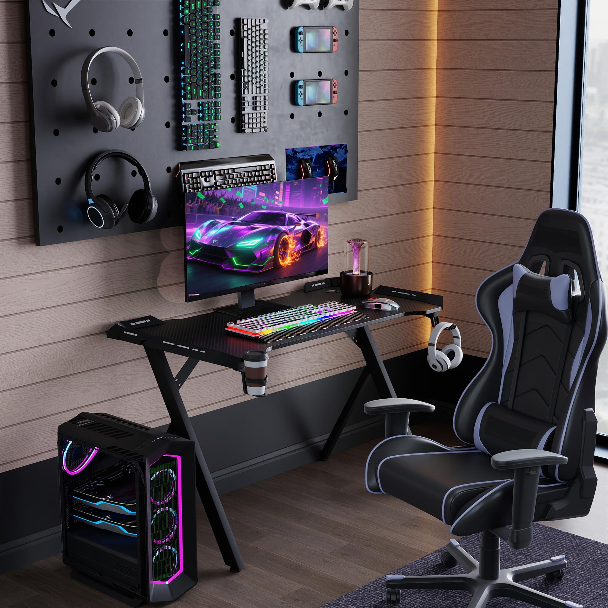 YUENFONG Gaming Tisch mit LED, 160x60cm Schreibtisch Y-Frame Computertisch mit Kohlefaser-Oberfläche, Ergonomischer PC Tisch inkl. Fernbedienung Tassenhalter & Kopfhörerhaken, Schwarz