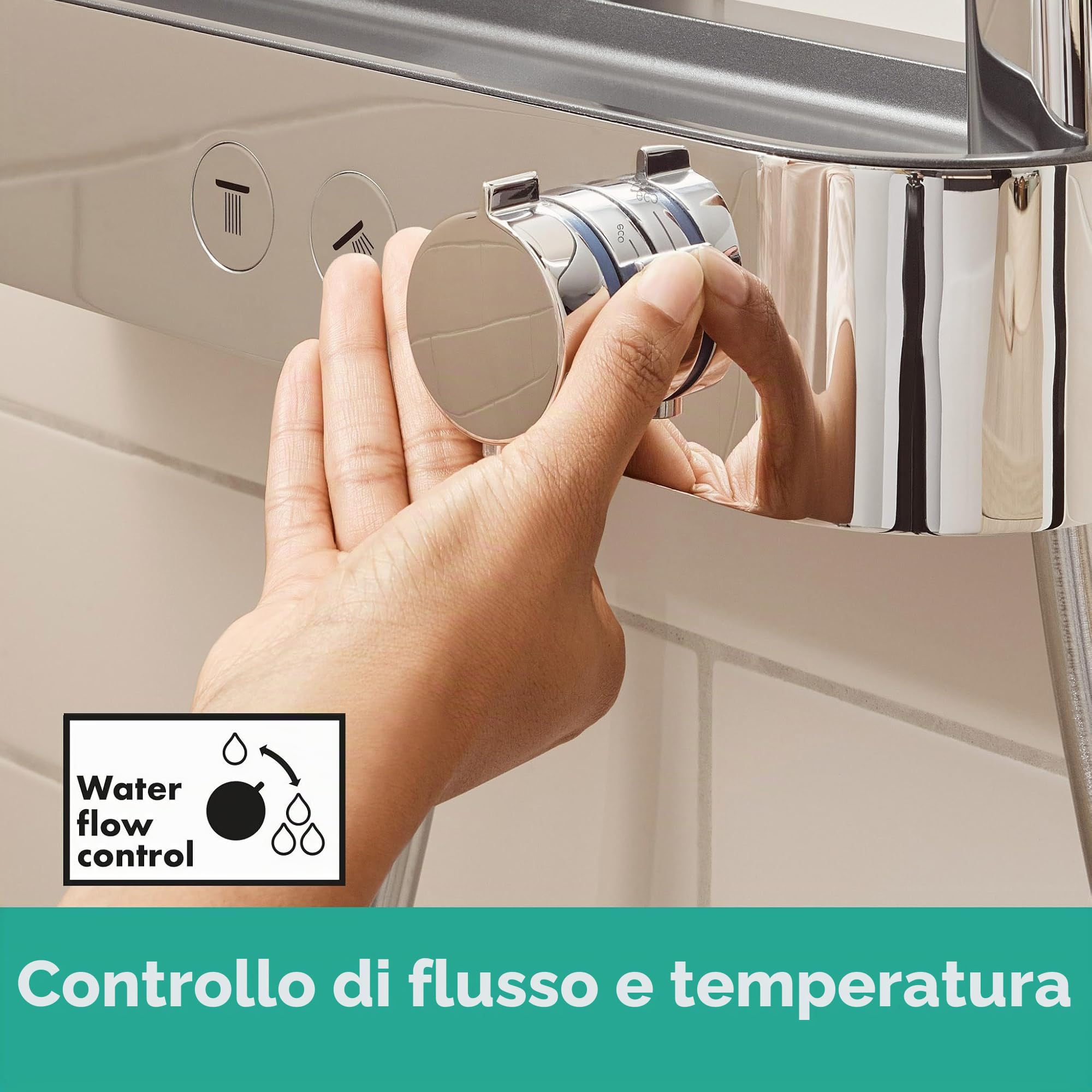 hansgrohe Pulsify S - Colonna doccia a risparmio idrico (EcoSmart) con miscelatore termostatico, Sistema doccia (260 mm) con rubinetto, doccetta, tubo, asta e soffione doccia tondo, cromo, 24241000