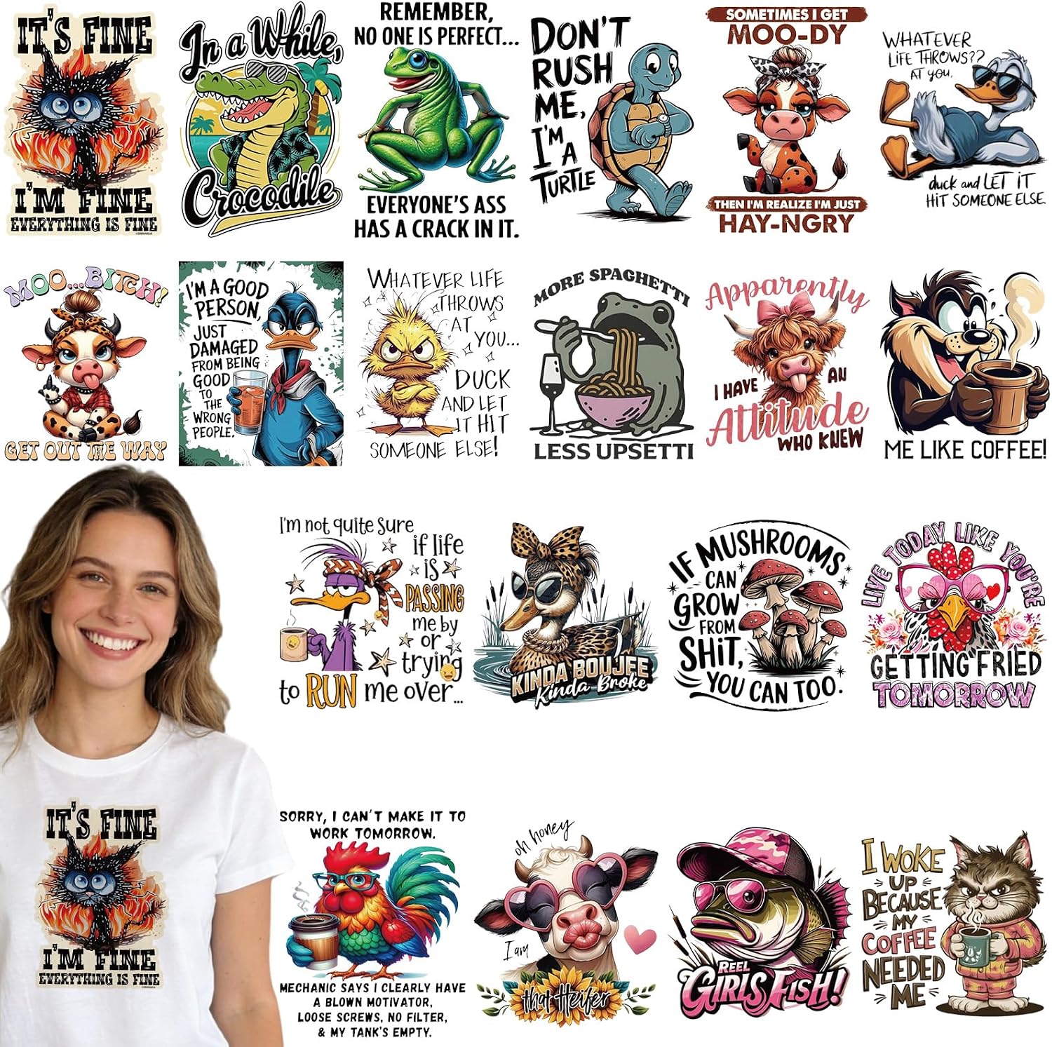 Dazoratix Sarcastic Animal Iron on Transfers - 20 Sheets Funny Quotes DTF Ready to Press Sarcasm Heat Patches Stickers Vinyl Decals for T Shirts Clothes Pillow Bag Hat DIY Crafts Appliques Decorations
