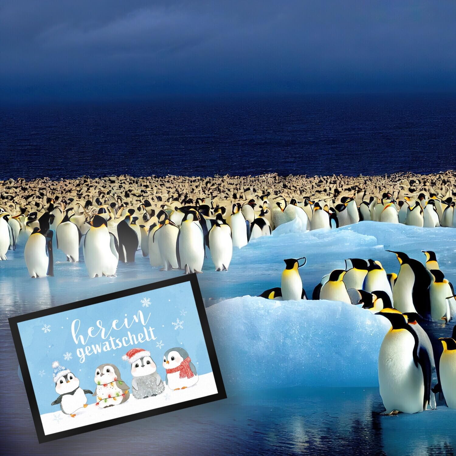 speecheese Pinguin Familie Fußmatte XXL in 50x75 cm mit Spruch Hereingewatschelt eine weihnachtlicher Türvorleger Motiv für Frauen winterliche Fußabtreter
