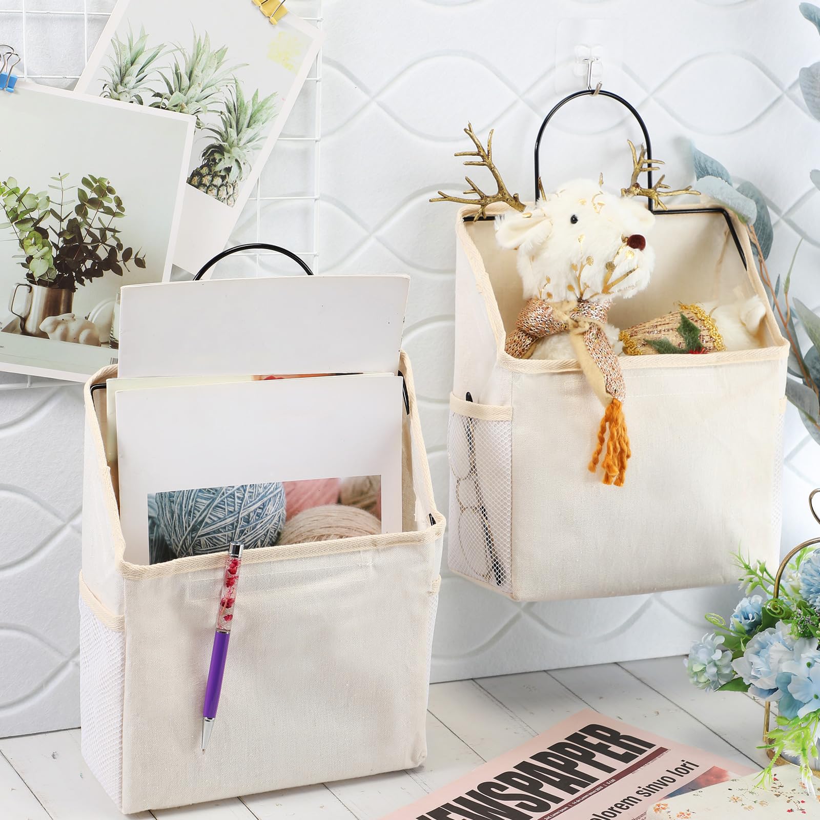 12 bolsas de almacenamiento para colgar en la pared, bolsa organizadora para colgar en la pared con ganchos, cesta colgante de armario con bolsillo, organizador de pared de lino y algodón para