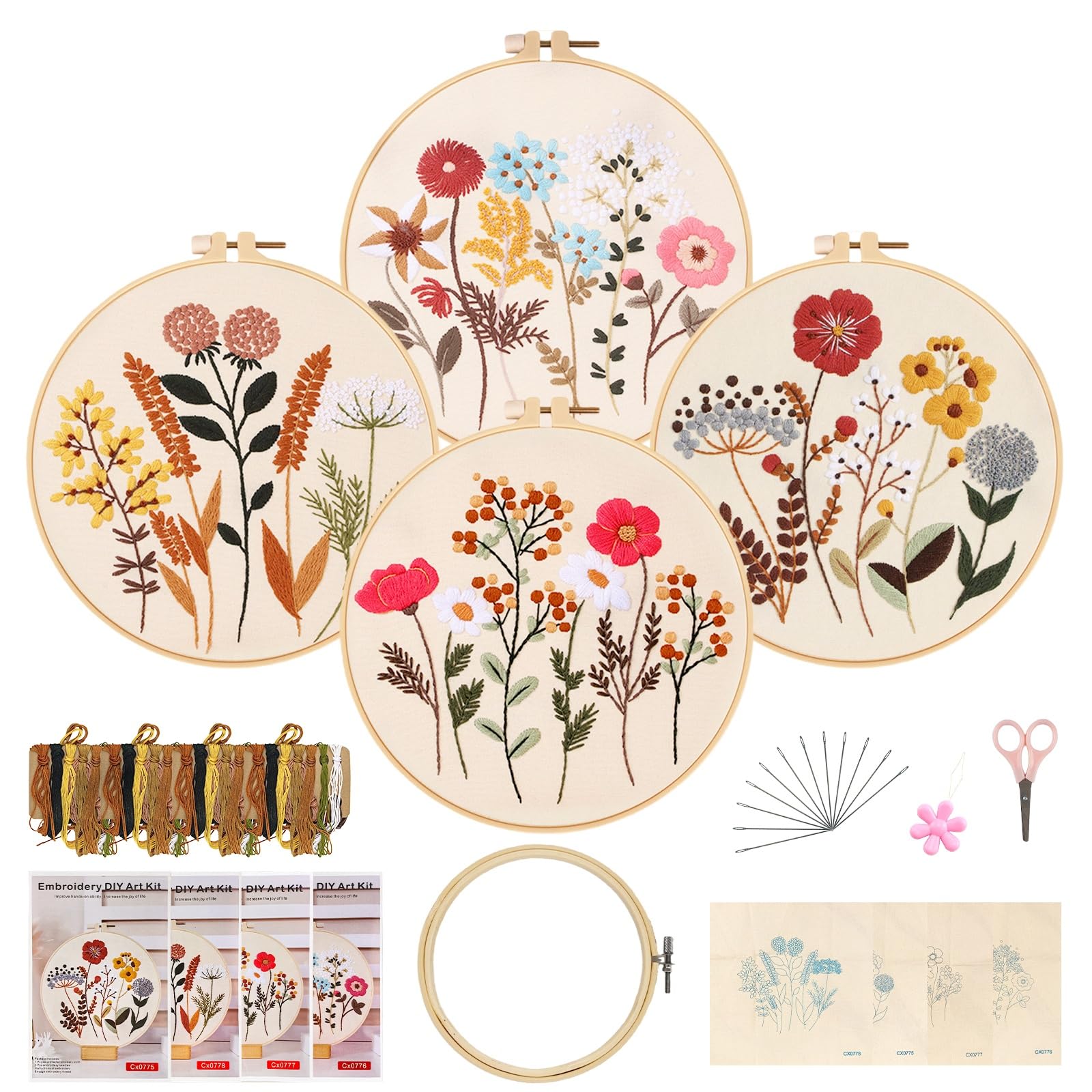 Joyeee Embroidery Kit, Arts & Crafts Cross Stitch Kit, 4pcs Flower Pattern DIY Craft Kits for Beginner Adults with Embroidery Hoops Colored Sewing Thread Needle Threader and Instruction