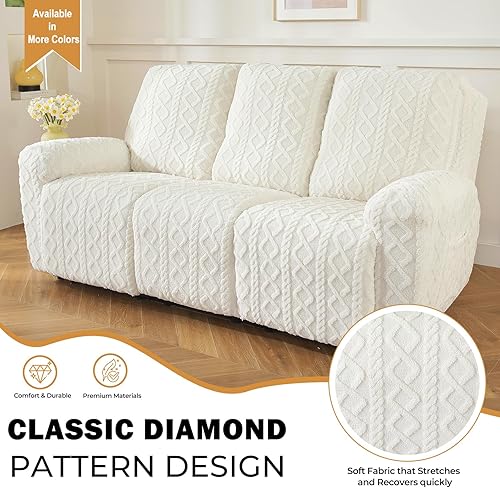 Miniatura 3 de vctops 8 fundas de sofá reclinable de felpa jacquard geométrica, suave, mullida, esponjosa, funda antideslizante para sofá de 3 asientos, protector