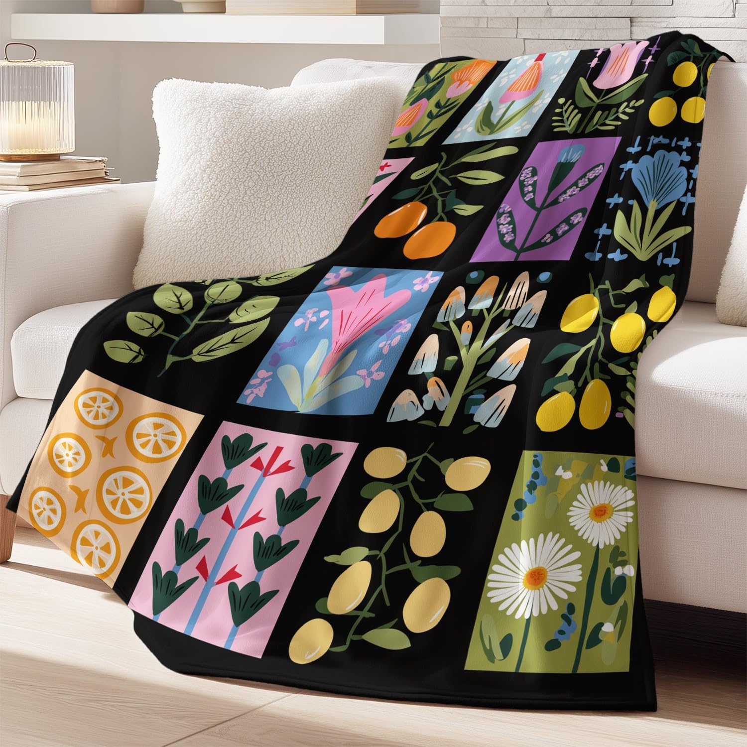 Kuscheldecke Flauschig 150 cm x 200 cm - Wohn Kuscheldecken Modern Folk Fleecedecke Weich und Warme, Botanisches Kollage Karomuster Schwarz Blumen Farbe Wohndecke Flanell Fluffy Blanket