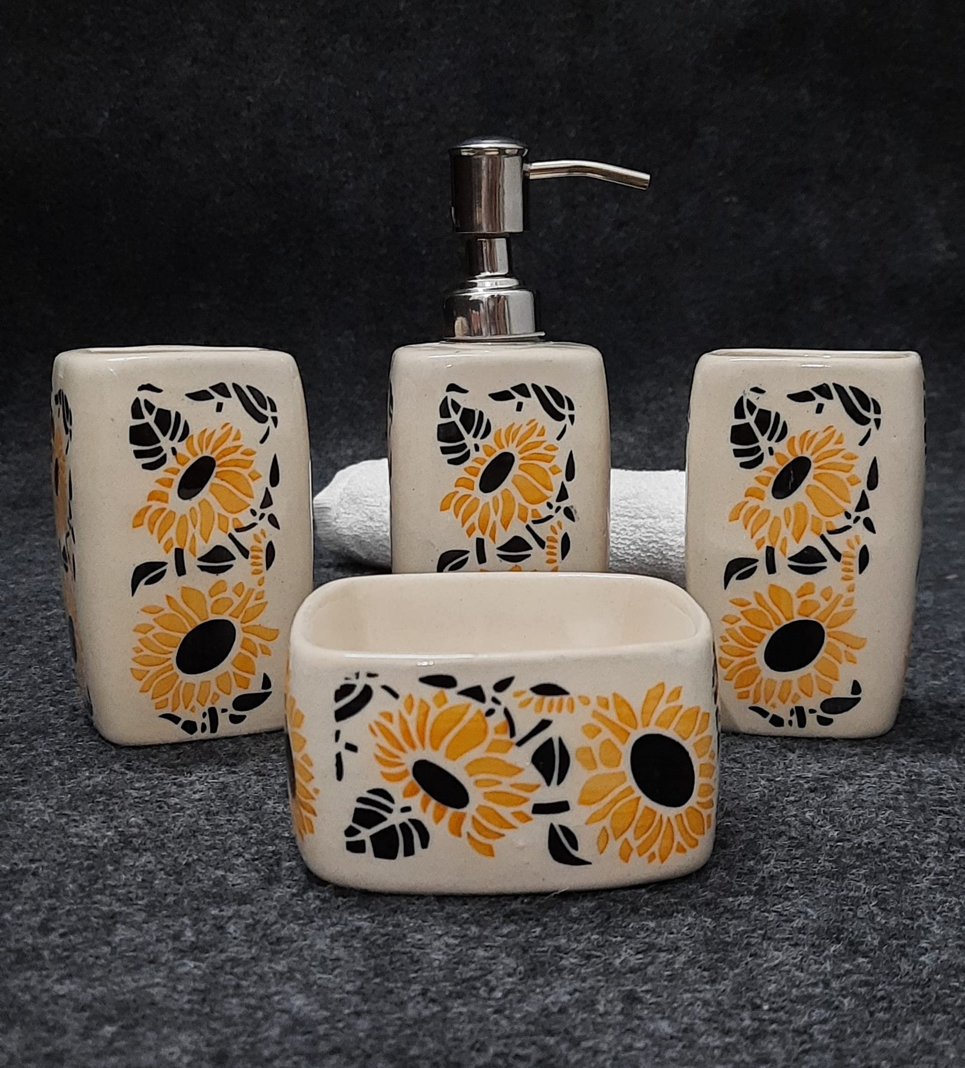 Kaolinite Ceramic Bathroom Accessories Set for Utility and Bathroom Decor | Liquid Soap Dispenser, soap Tray, Toothbrush Holder Hand Crafted/Haand Painted Sunflower Print