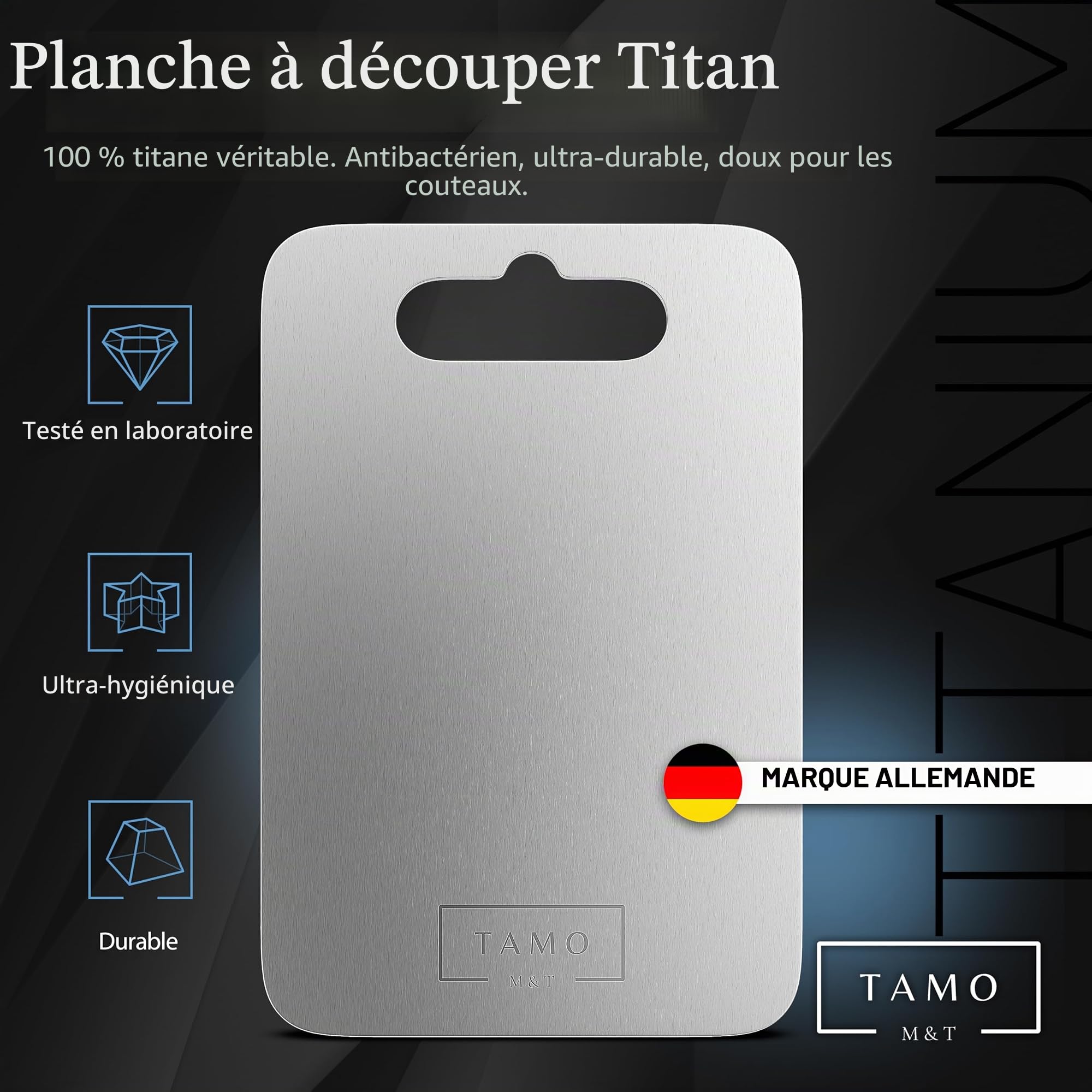 Planche à découper Tamo en titane 100% pur - Hygiénique, antibactérienne et durable - Idéale pour la viande, les fruits, les légumes, la cuisine, le camping et l'extérieur