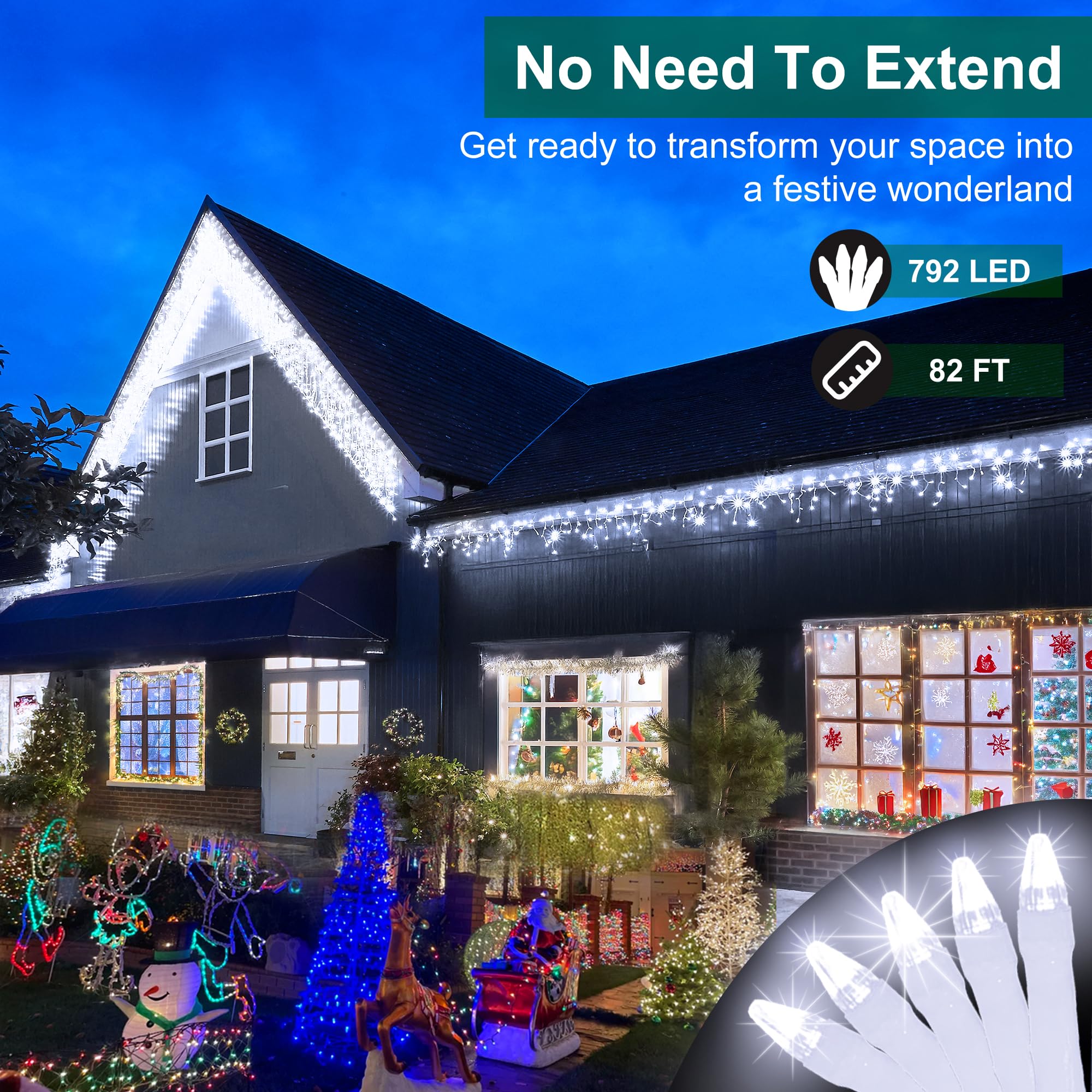 792 LED Christmas Lights with 176 Drops,82ft 8 Modes Fairy Hanging String Lights with Time Waterproof, Plug-in Christmas String Lights for Holiday Wedding Party Christmas Decorations(Cool White)