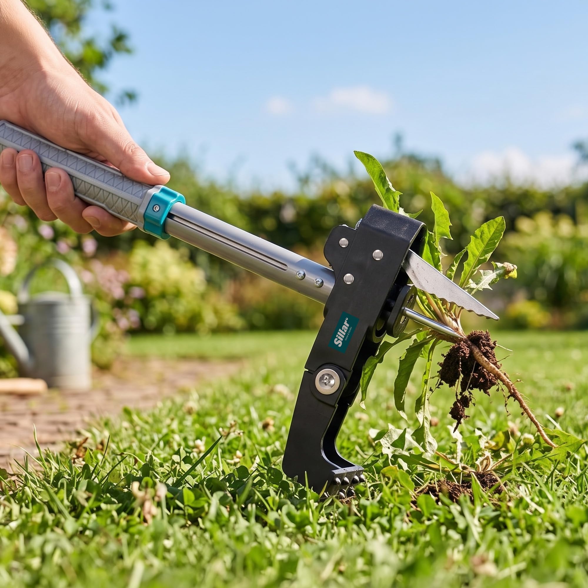 Sillar Désherbeur Manuel Télescopique 99,5–117 cm + Sac de Jardin 50L, Arrache Mauvaise Herbe avec Griffes en Acier & Éjecteur, Arrache Pissenlit pour Pelouse, Jardin et Massifs