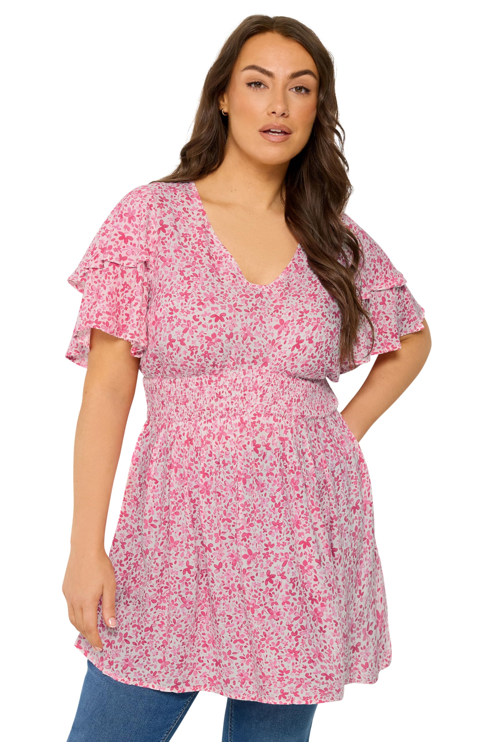 Yours Curve Ditsy Print Flutter Sleeve Top - Women's - Plus Size Curve Pink
