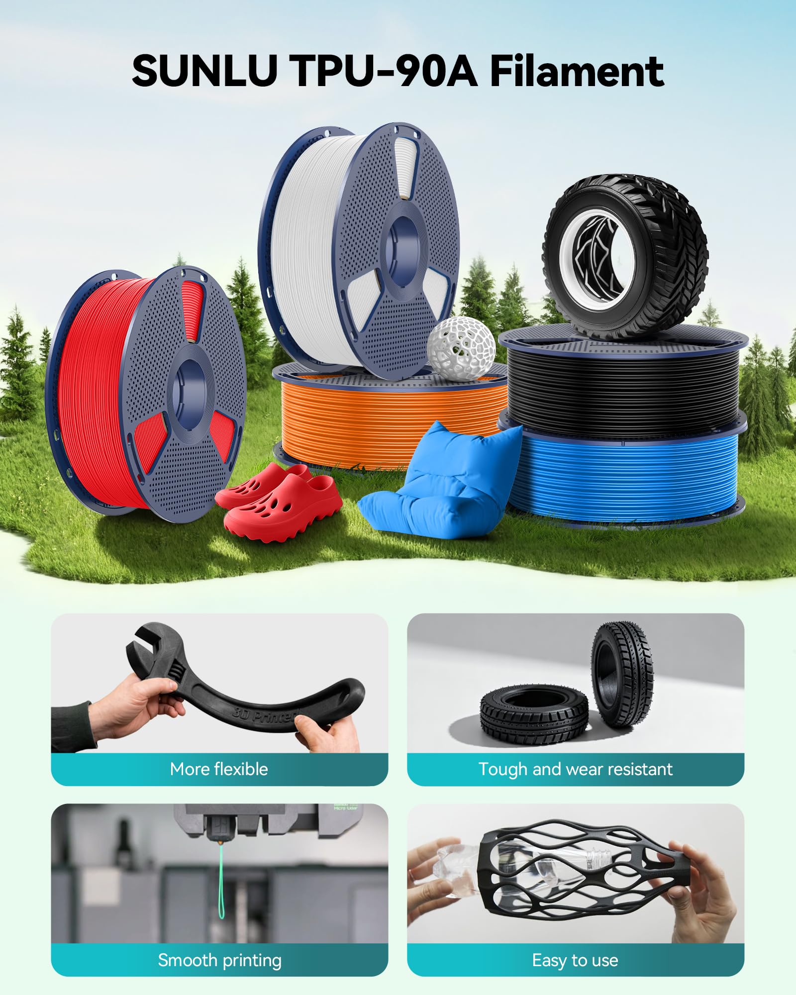 SUNLU Filamento de TPU para impresora 3D de 1.75 mm, filamento de TPU 90A altamente elástico, filamento 3D flexible para impresión rápida, precisión dimensional +/- 0.03 mm, adecuado para la mayoría